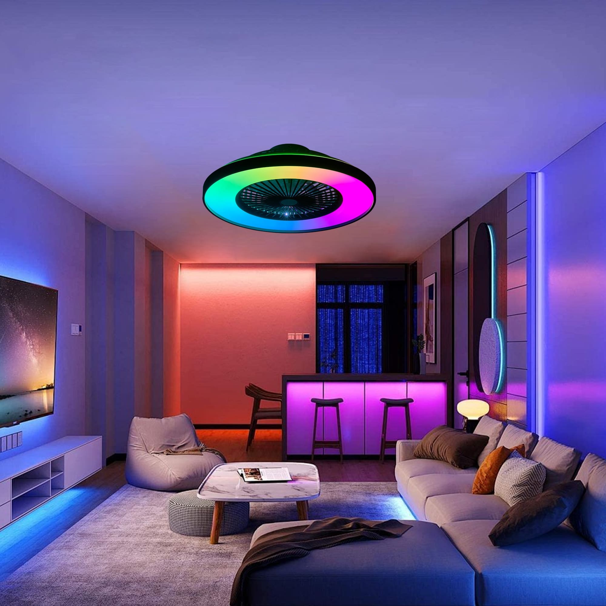 JCFL CFL-MSC-01 23 in. Black Iron Ceiling Fan Light with LED RGB Dimmable and Color Changing APP and Remote Control Modern Smart Ceiling Fan for Living Room Bedroom Dining Room