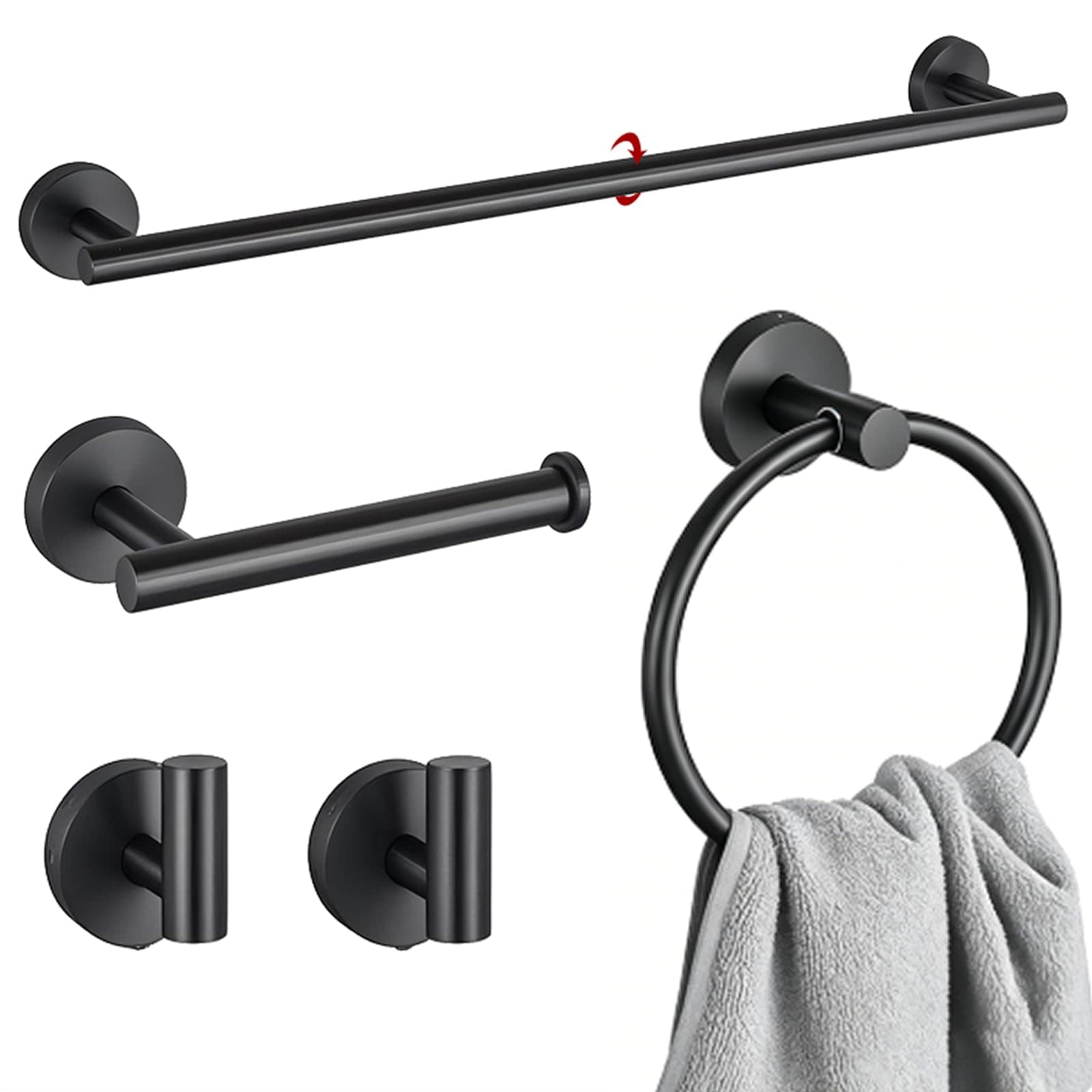 TNSO - Matte Black 5 Piece Brushed Stainless Steel Bathroom Hardware Set Modern Rustproof Towel B...