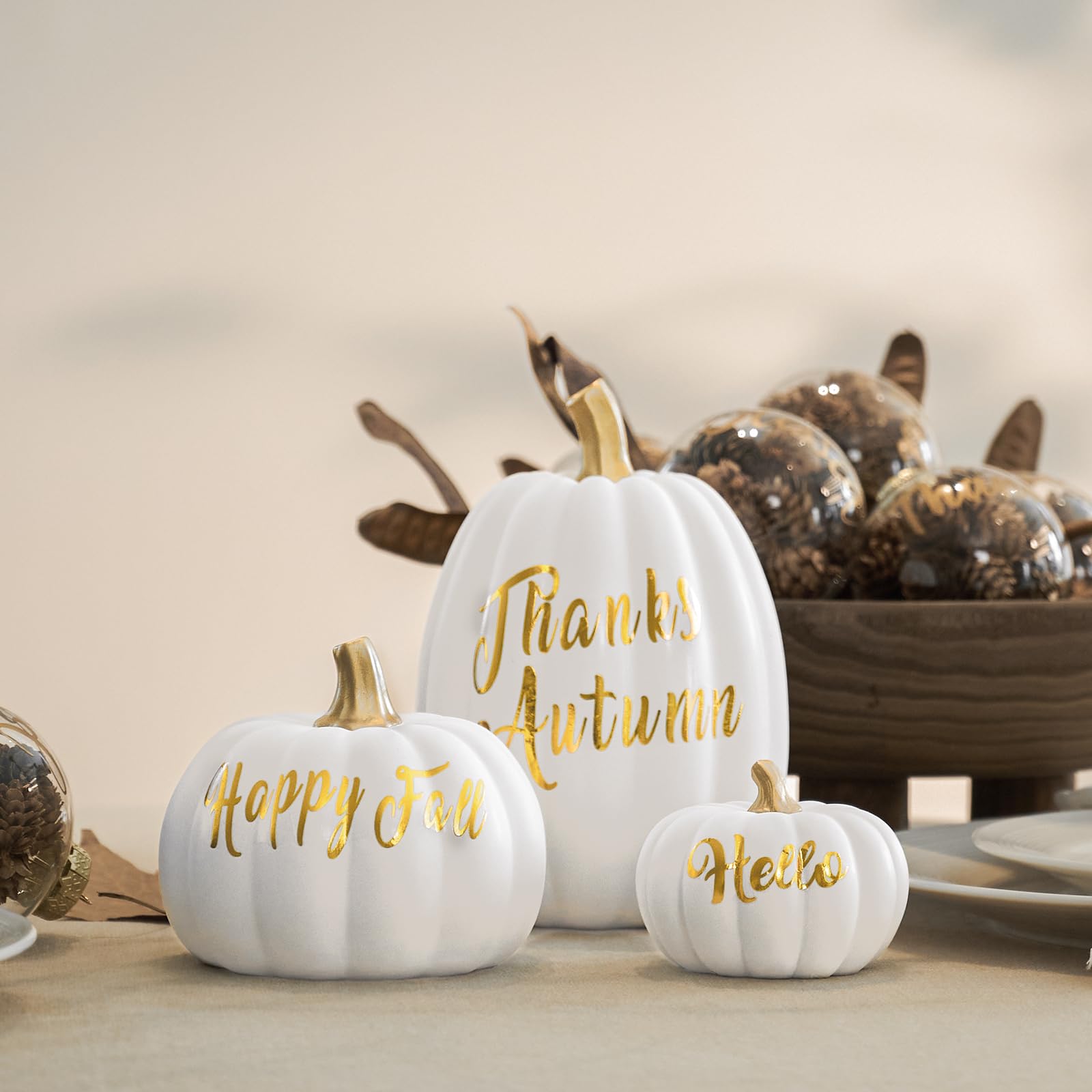 KIWDZFU  Fall Pumpkin Decorations Set of Three Faux White Pumpkins with Gold Lettering for Autumn Home Table Mantel Decor