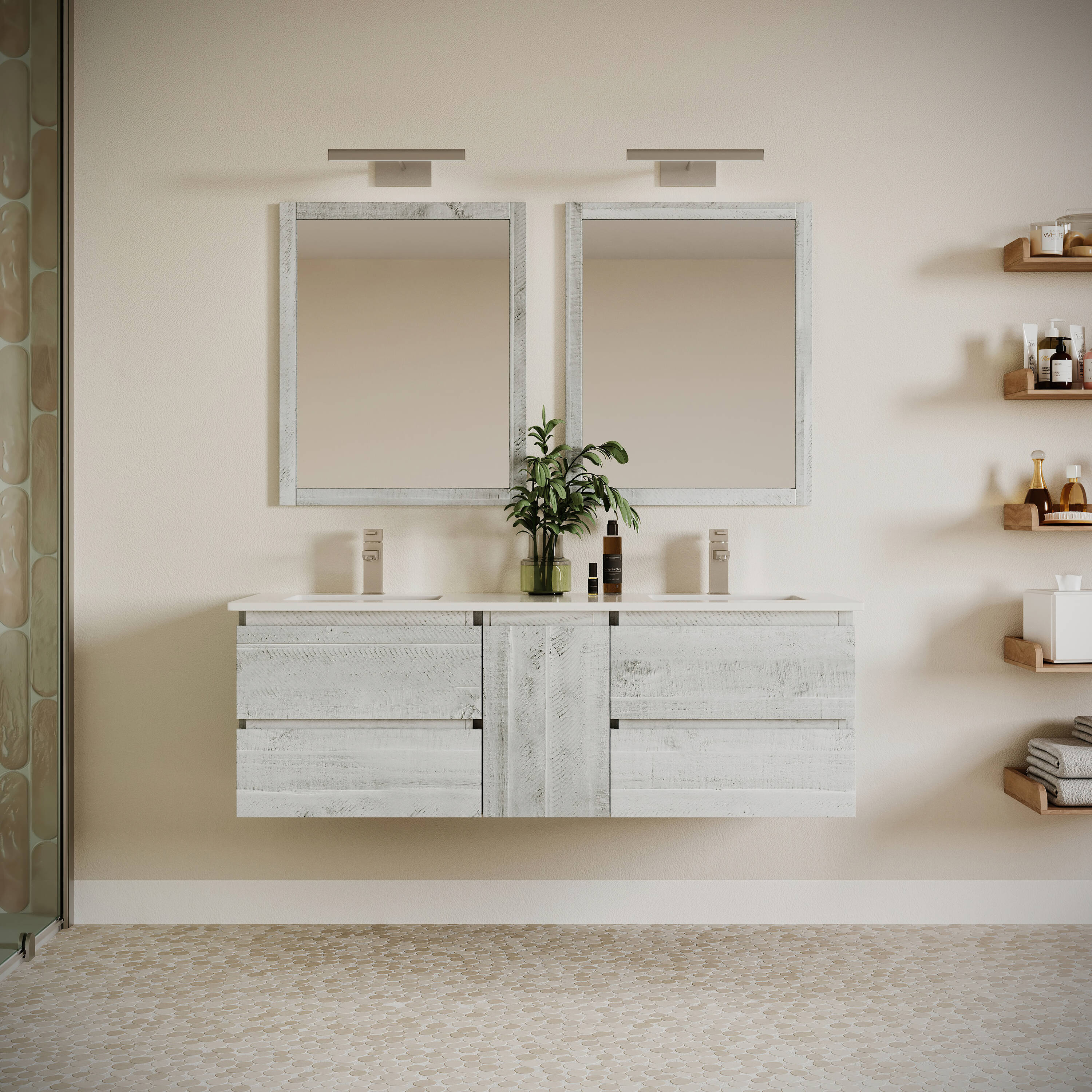Fresca FCB31-241224RWH-CWHU Formosa 60-in Rustic White Undermount Double sink Floating Bathroom Vanity with White Quartz Top