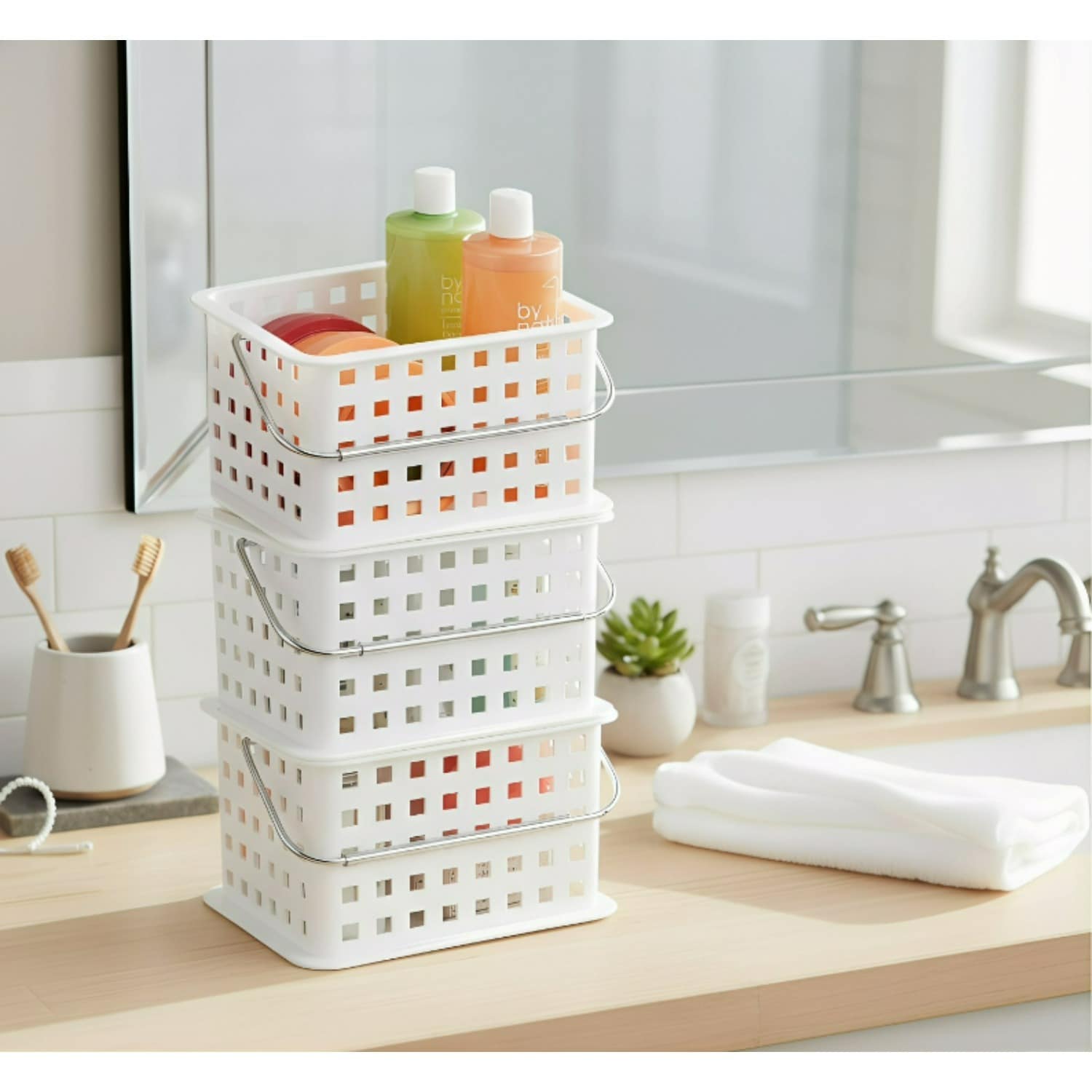 Paradigms Interiors Set Of 3 White Shower Caddy Baskets With Handle Plastic Storage Organizer With Drain Holes Stackable For Bathroom Dorm