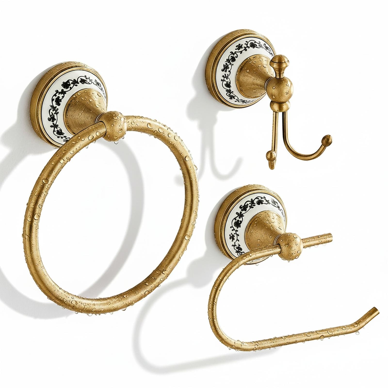 Paradigms Interiors 3 Piece Antique Brass Bathroom Hardware Set Vintage Towel Ring Toilet Tissue Holder Robe Hook