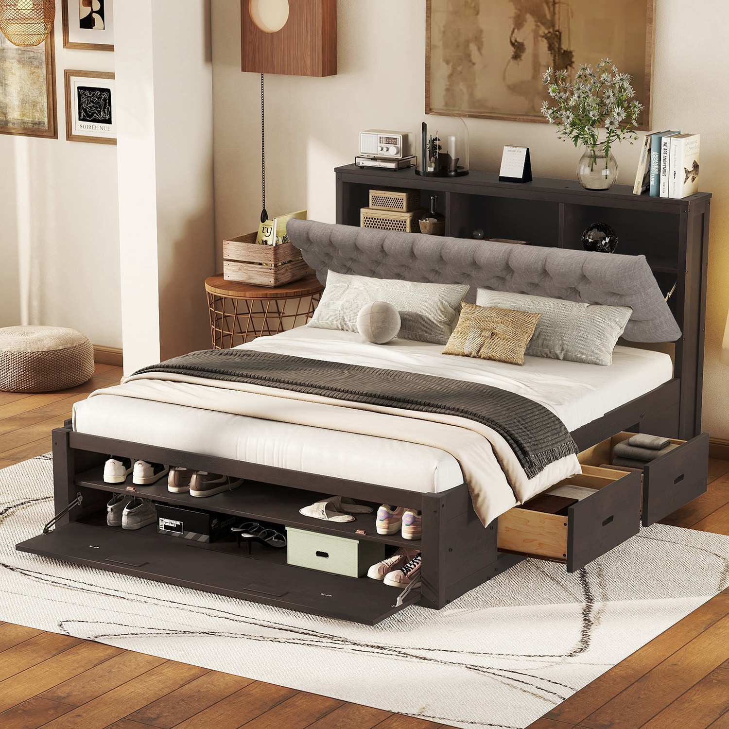 GZMR GZ-W70852 Wood Queen Size Platform Bed with Storage Headboard Espresso Queen Wood Bed frame Bed with Storage