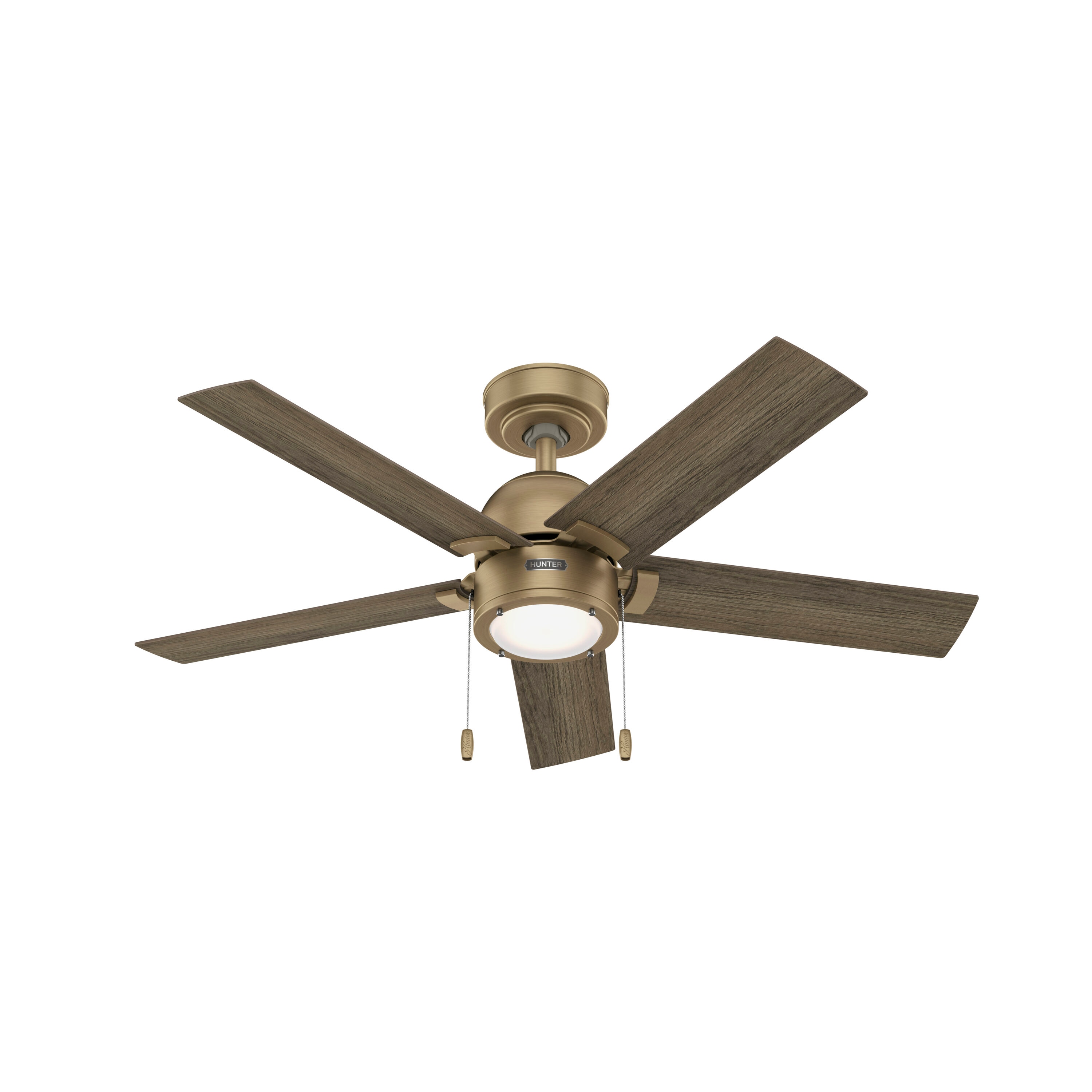 Hunter 51706 Erling SureSpeed 44-in Integrated LED Burnished Brass with Warm Grey Oak Blades Ceiling Fan With Light ( 5 -Blade )