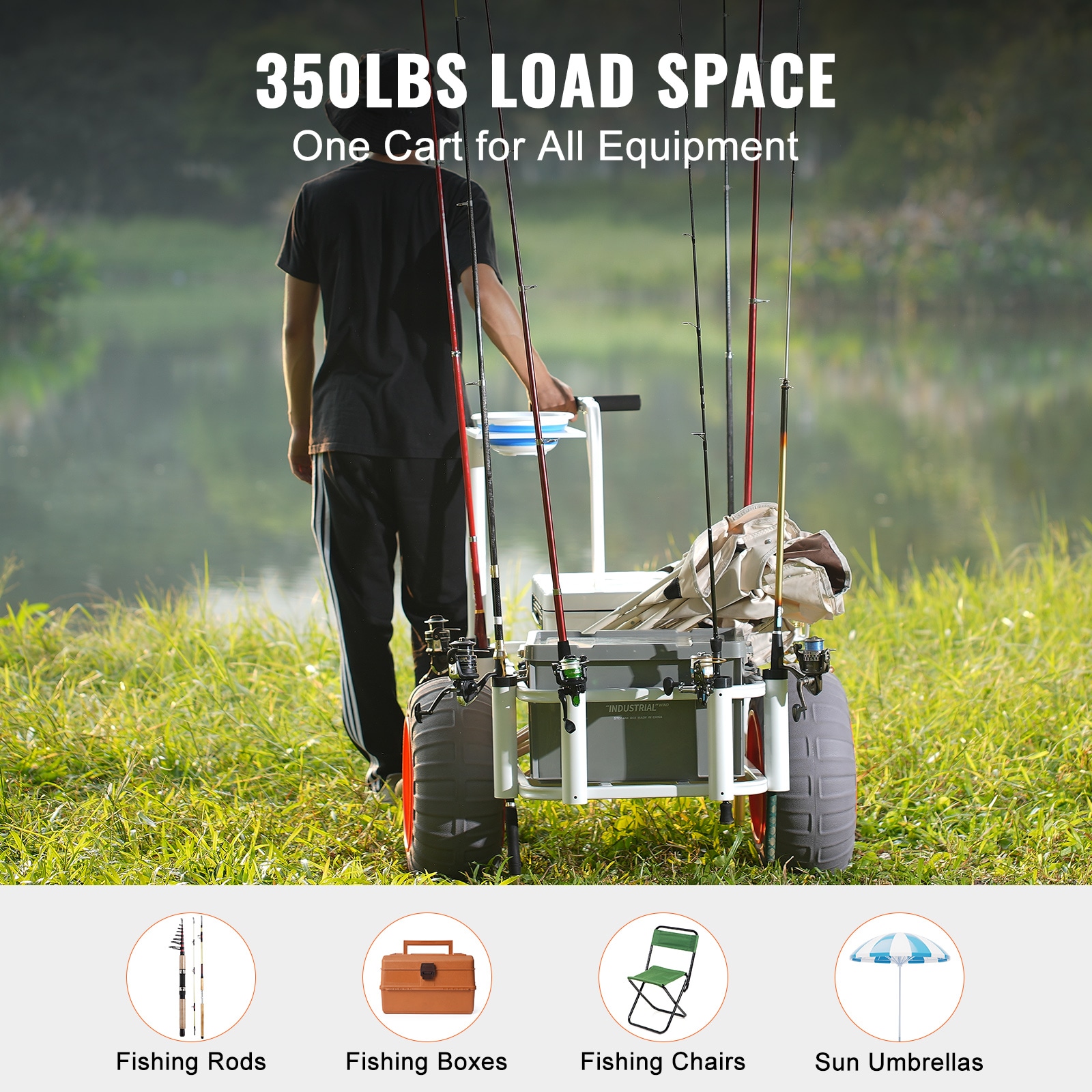 Heavy-Duty White Aluminum Beach Fishing Cart with Balloon Tires