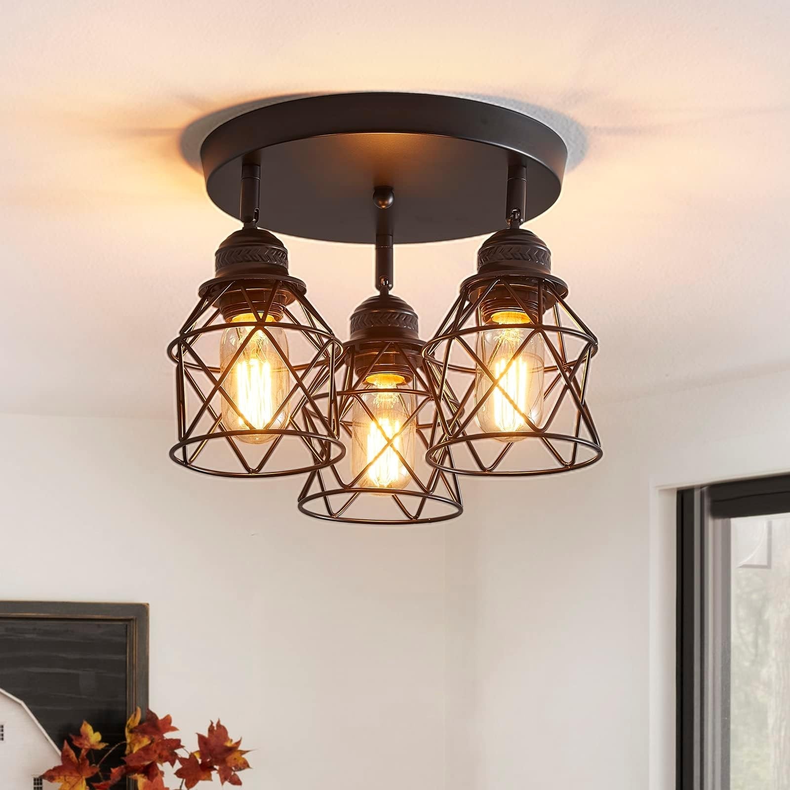 Slagawa  Adjustable Semi Flush Mount Ceiling Light with E26 Base - 3-Light Black Iron Cage Fixture for Kitchen Hallway Dining Room Farmhouse Entryway