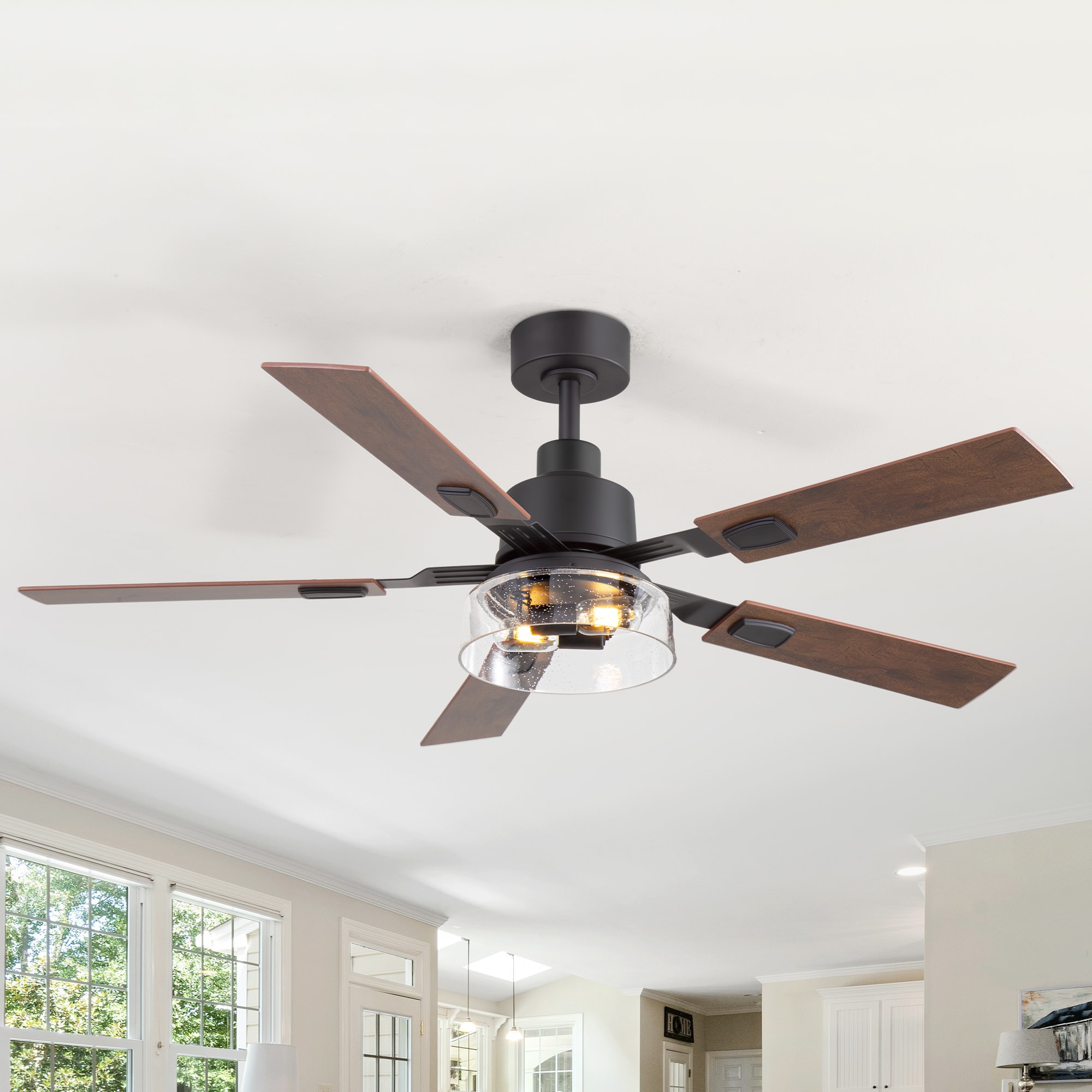 Breezary 24025-AB 52-in Matte Black with Two-tone wood Blades Chandelier Ceiling Fan With Light - Remote Included ( 5 -Blade )