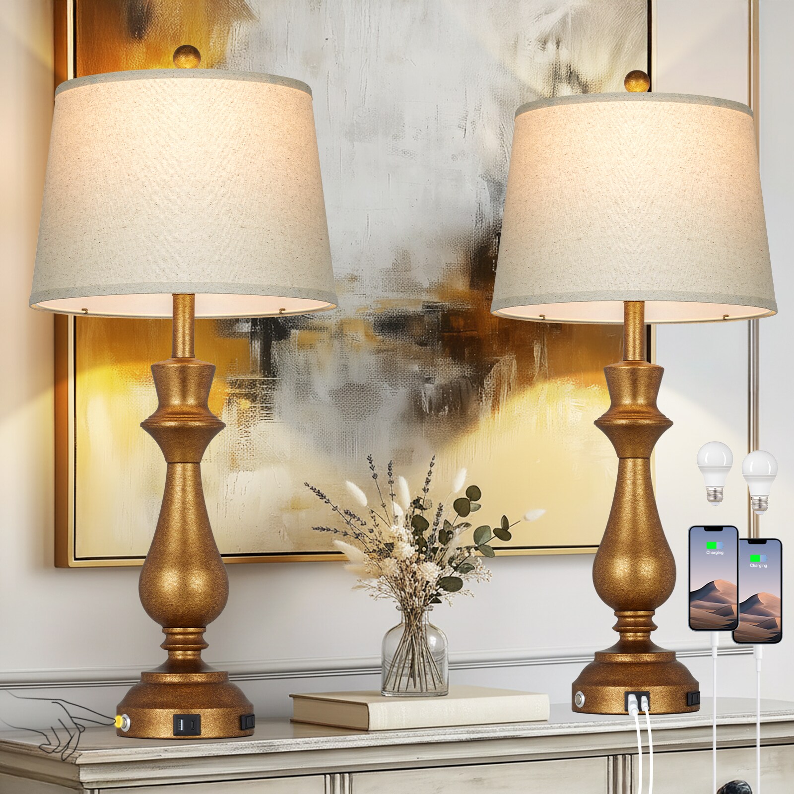 UrFurnishings Modern 29.5-in Bronze LED Touch Table Lamp with Linen Shade
