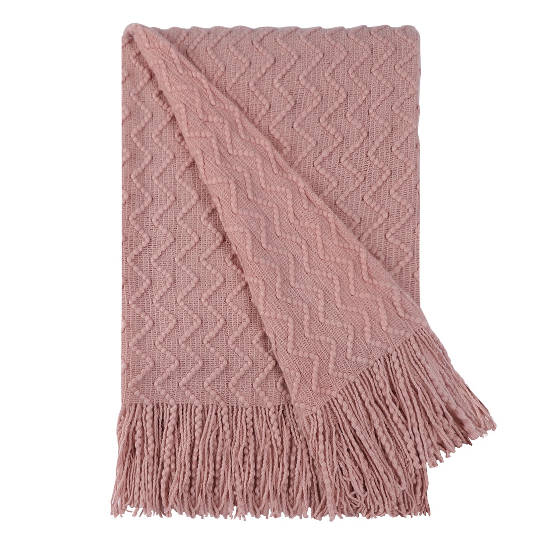 Unique Bargains Acrylic Knit Throw Blanket Wave Pattern Soft Lightweight Decors Knitted Blanket with Tassels Fringe for Couch Bed Sofa Travel 50x60 Inch Pink