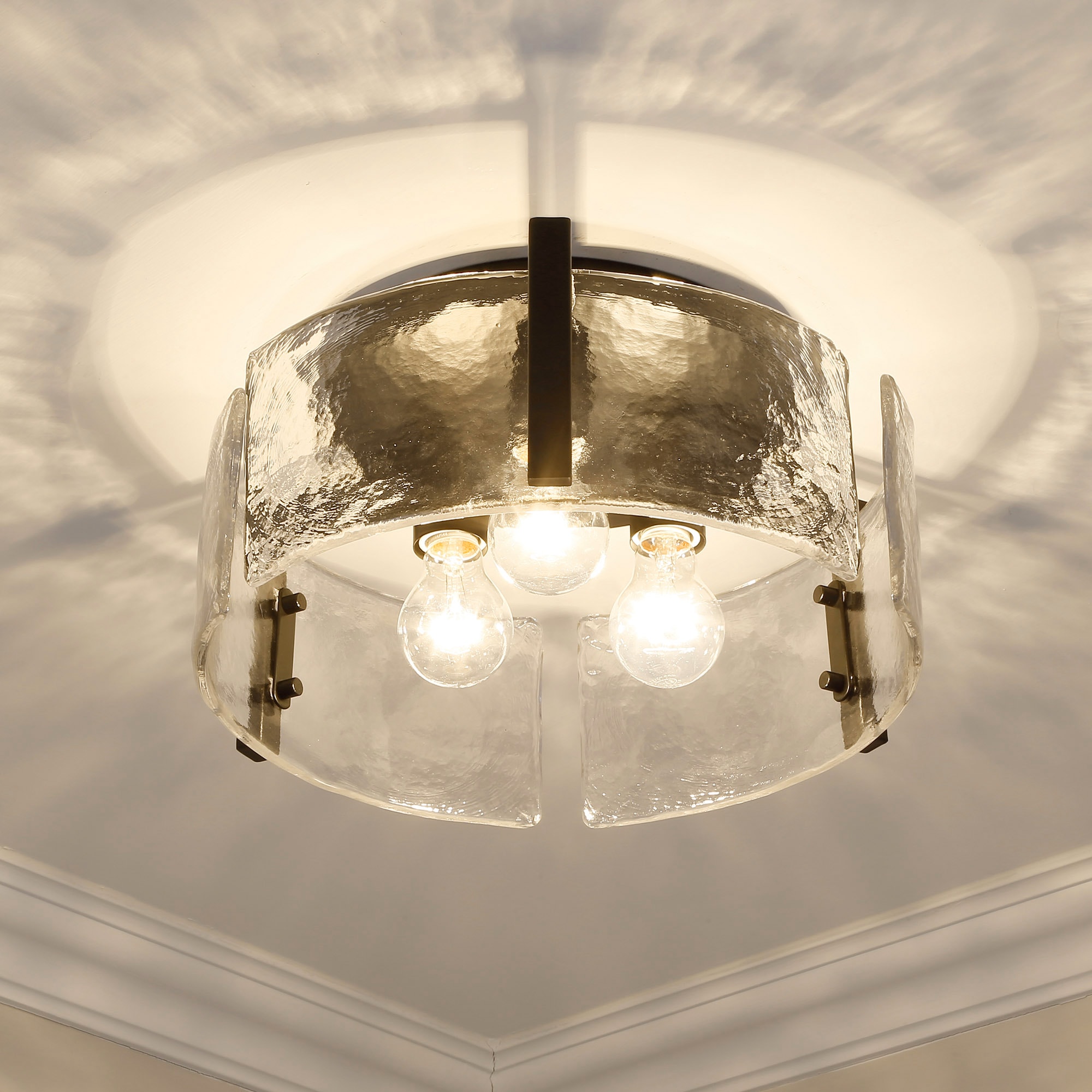 Aenon Matte Black 3-Light Flush Mount with Hammered Water Glass