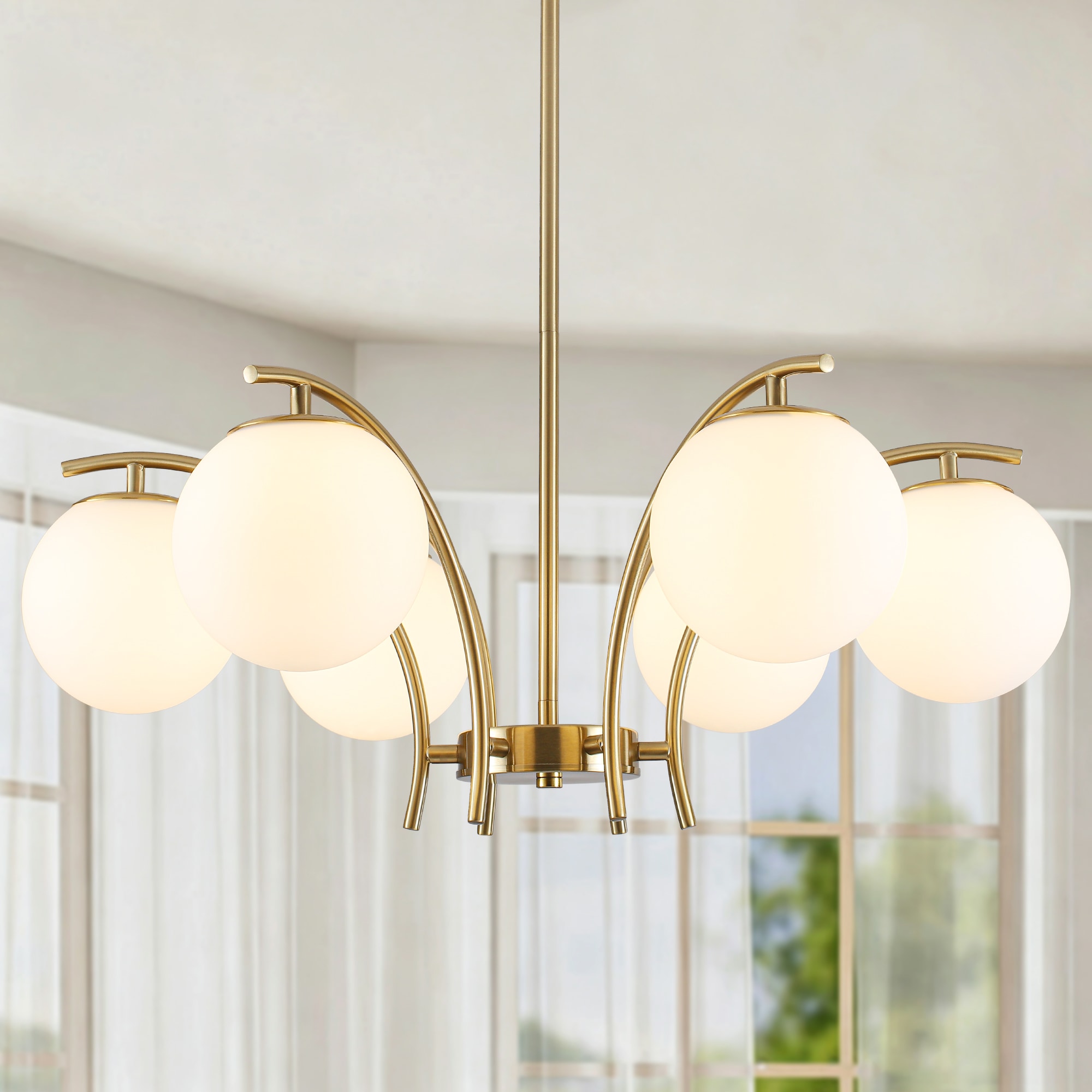 ADSENSTY 6 Light Chandelier with Milk White Globe Glass Shades Brushed Brass 28.34 Inch Wide Modern Sputnik Light Fixture with Height Adjustable Extension Rods G9 Bulb Base Pendant Lights for Dining Room Kitchen Island Bedroom Living Room Foyer Entryway