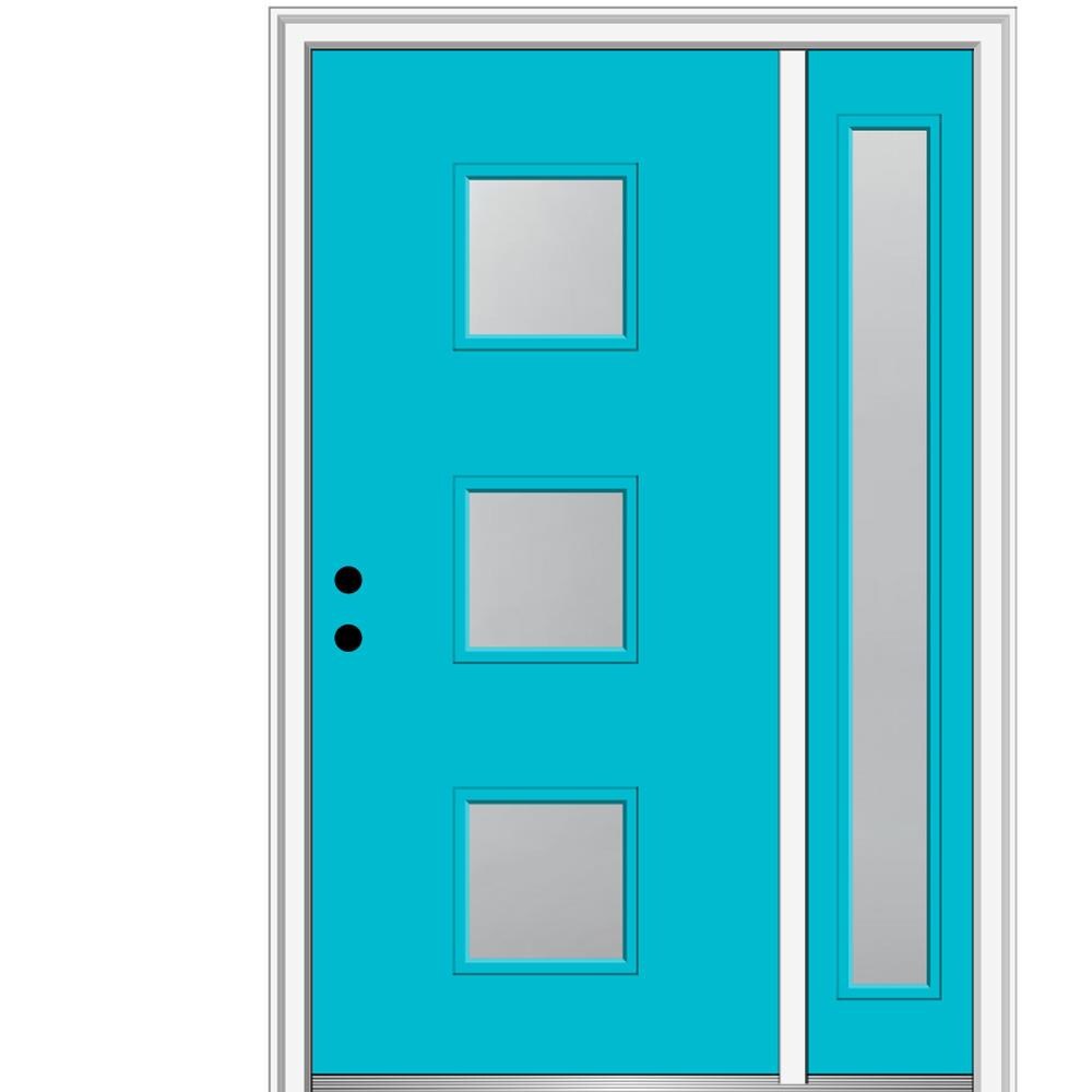 MMI DOOR ZZ347402R Spotlights 48-in x 80-in x 4-9/16-in Fiberglass Pulse lite Right-hand inswing Bahama Blue Painted Prehung Front Door with Right Sidelight with Brickmould Insulating core