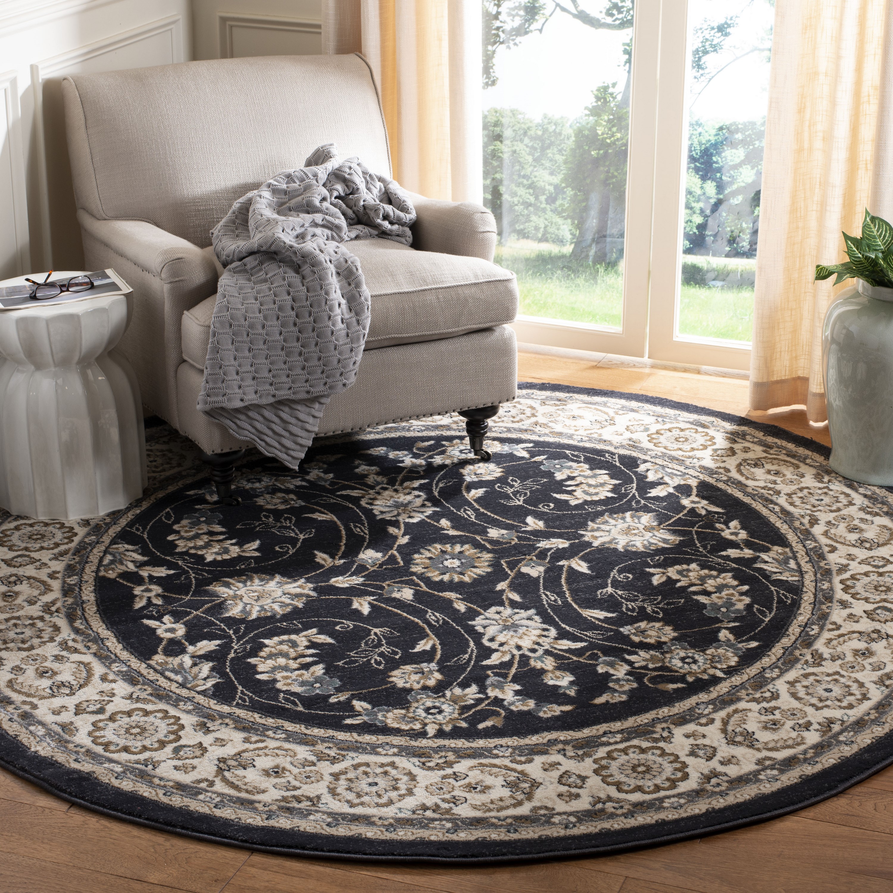 Safavieh LNH340D-7R Lyndhurst Tabaz 7 x 7 (ft) Loomed Polypropylene Anthracite/Cream Round Indoor Floral/Botanical Oriental Area rug
