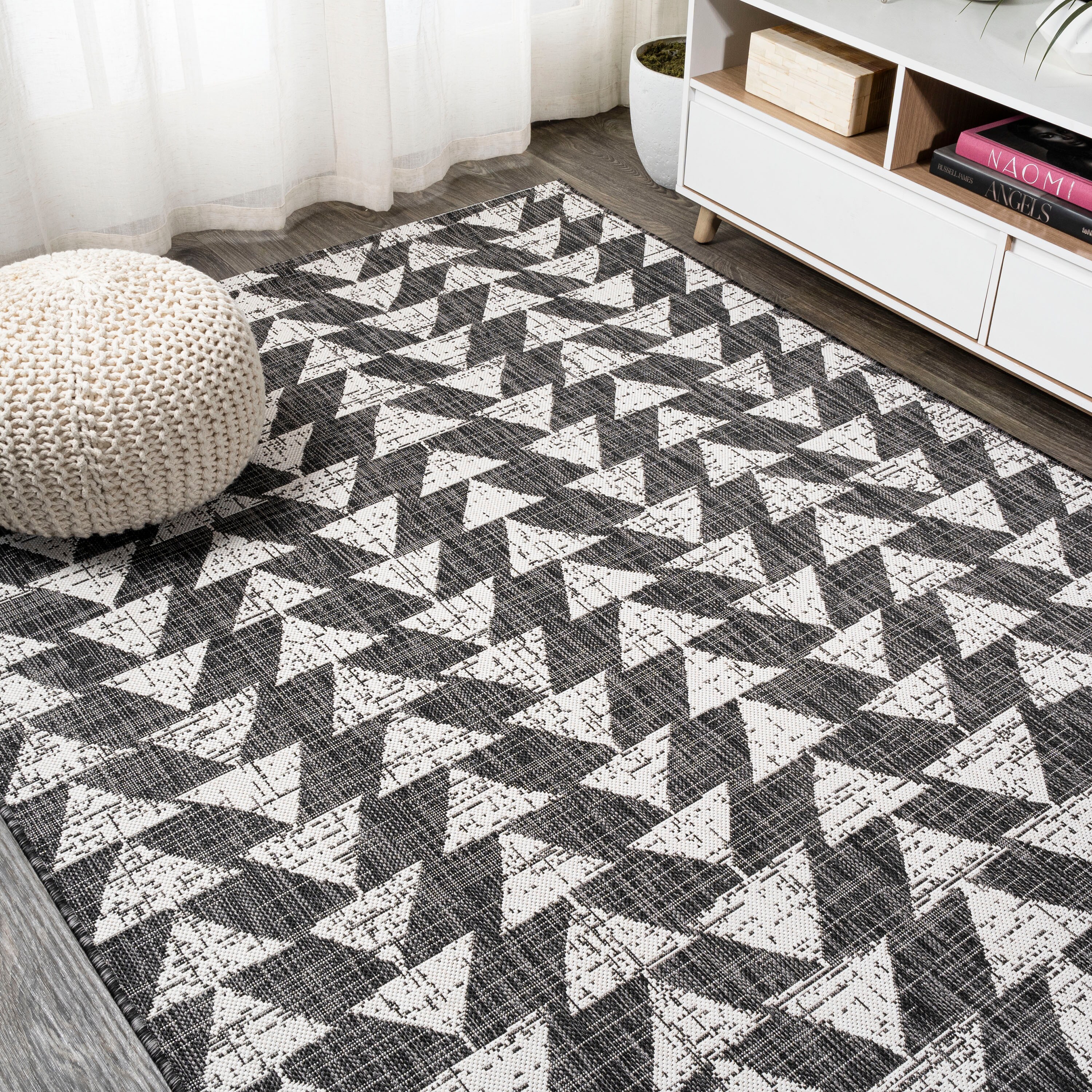 Andratx Reversible Black/Ivory Synthetic Geometric Indoor/Outdoor Rug