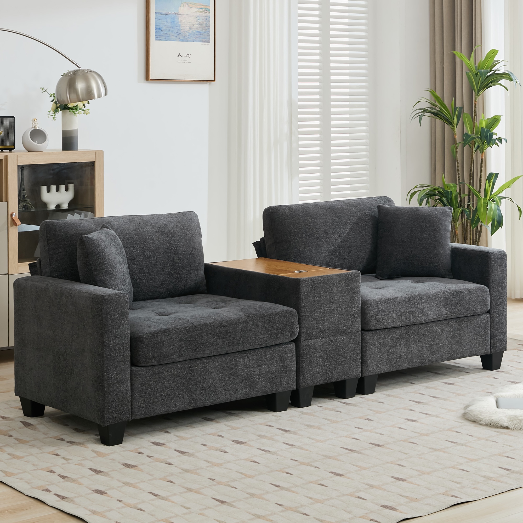 VOUA SAF-HNBYZ-BE 97.64-in Casual Dark Gray Chenille Sectional arm with tablet