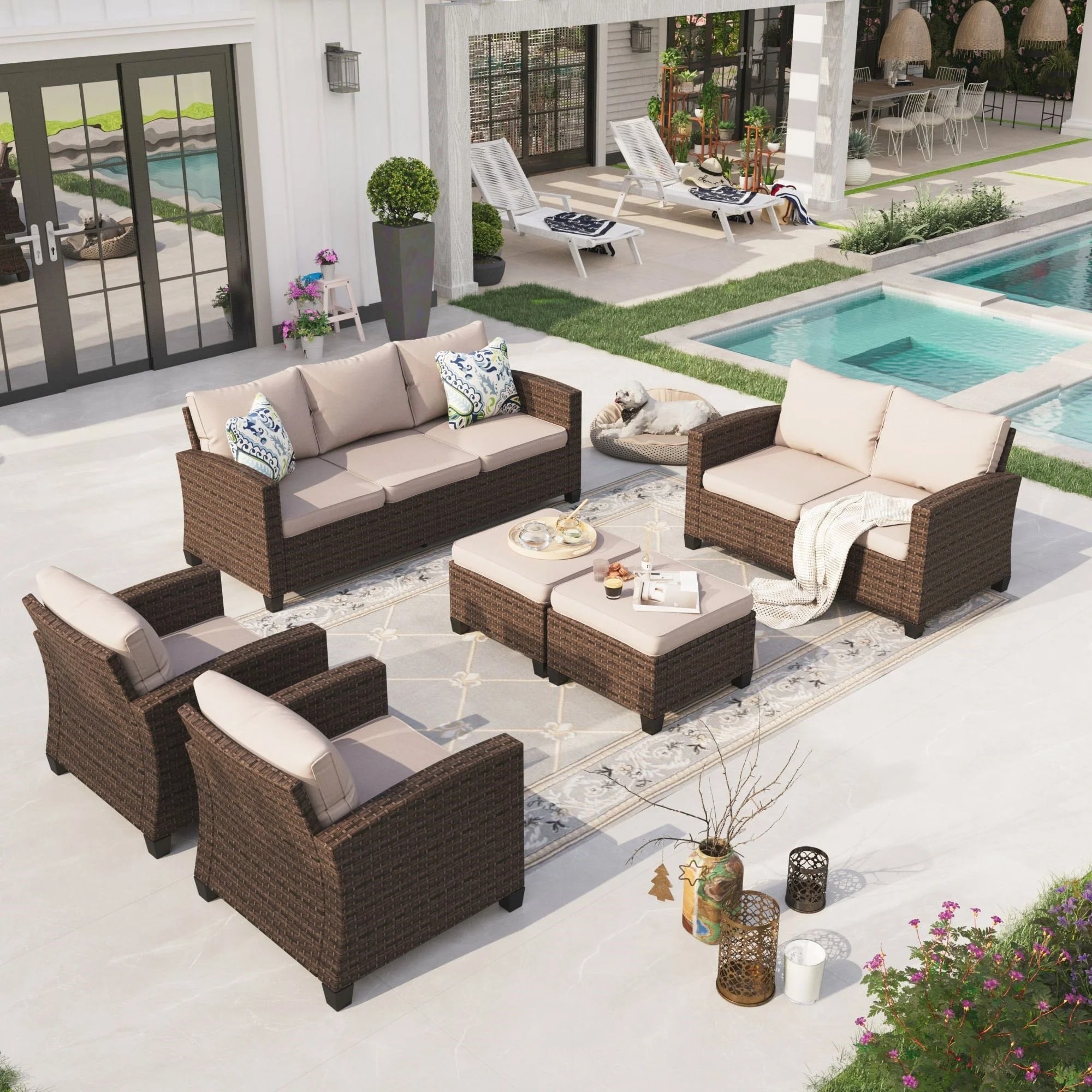 Sunshine Valley CR007-02-9-BE 6-Piece Wicker Patio Sofa Conversation Set with Tan Cushion Pro Cushions