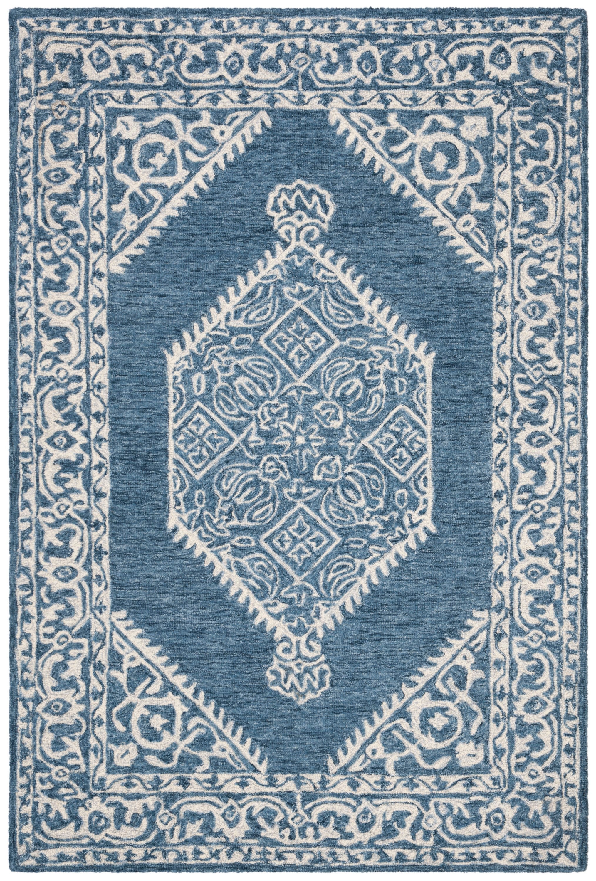Blue and Ivory Tufted Wool 4' x 6' Area Rug