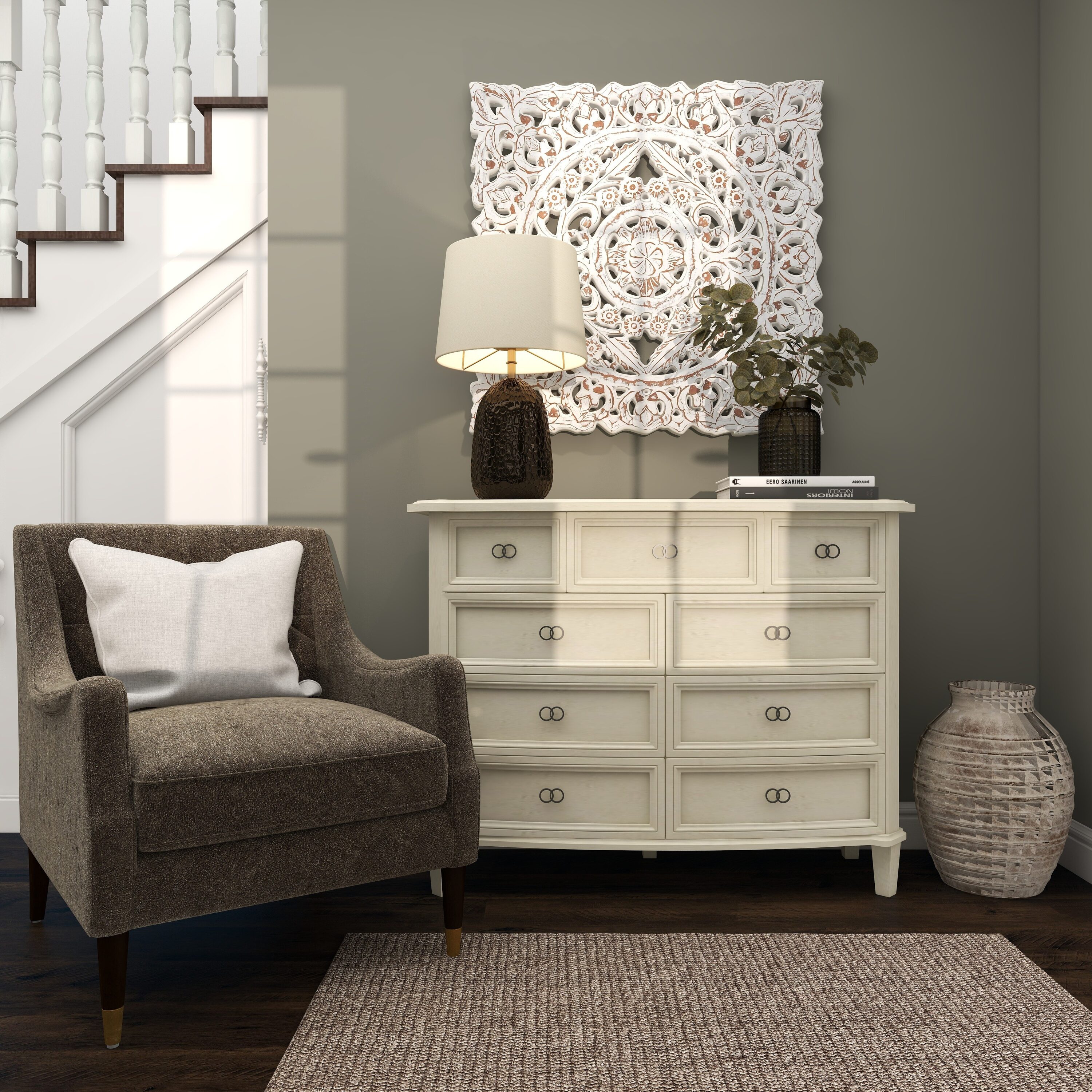 Whitewashed Wood Botanical Carved Wall Panel, 36" Square