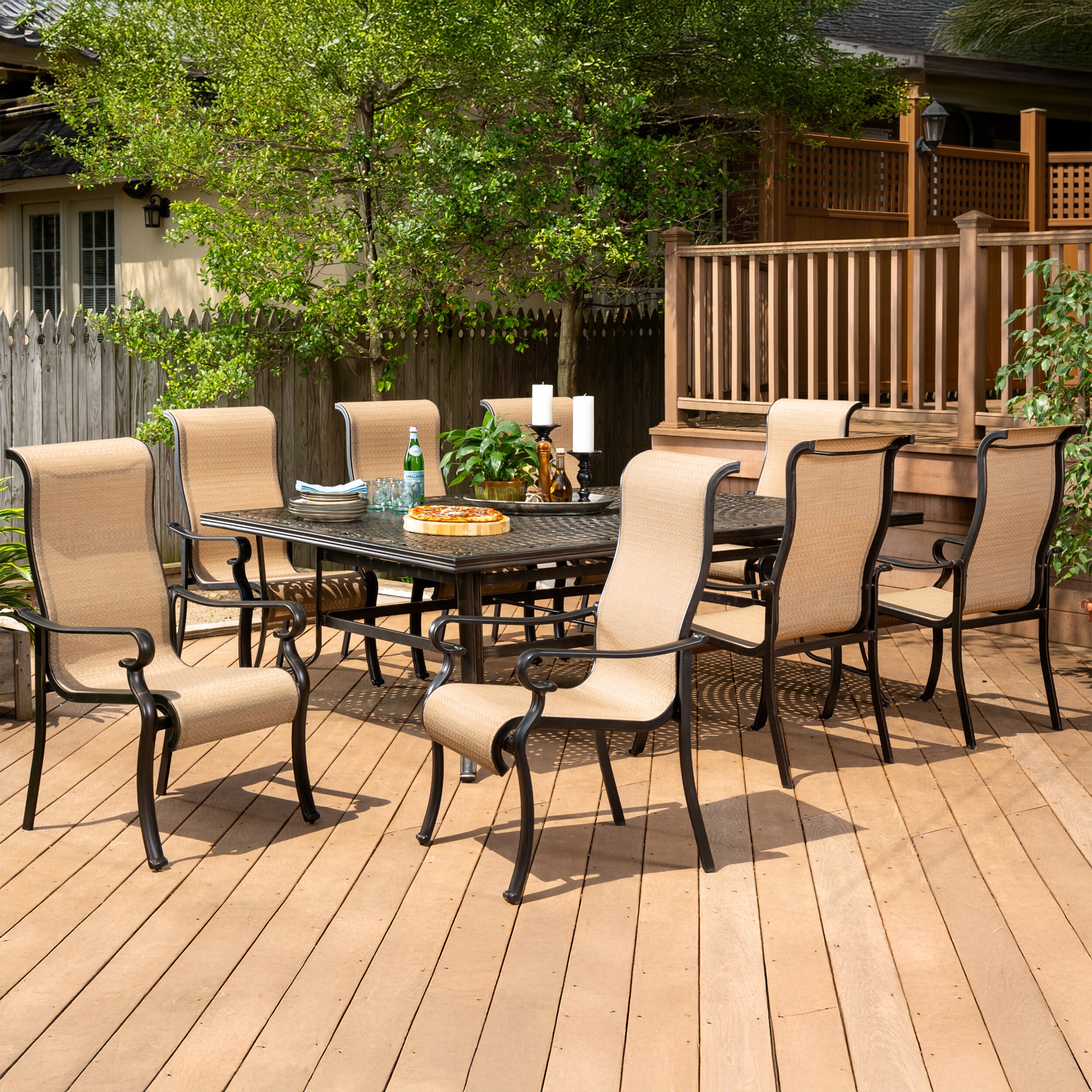Hanover BRIGDN9PC Brigantine 9 -Piece Espresso Bean Patio Dining Set Aluminum Rectangle Table with 8 Tan Stationary Chairs