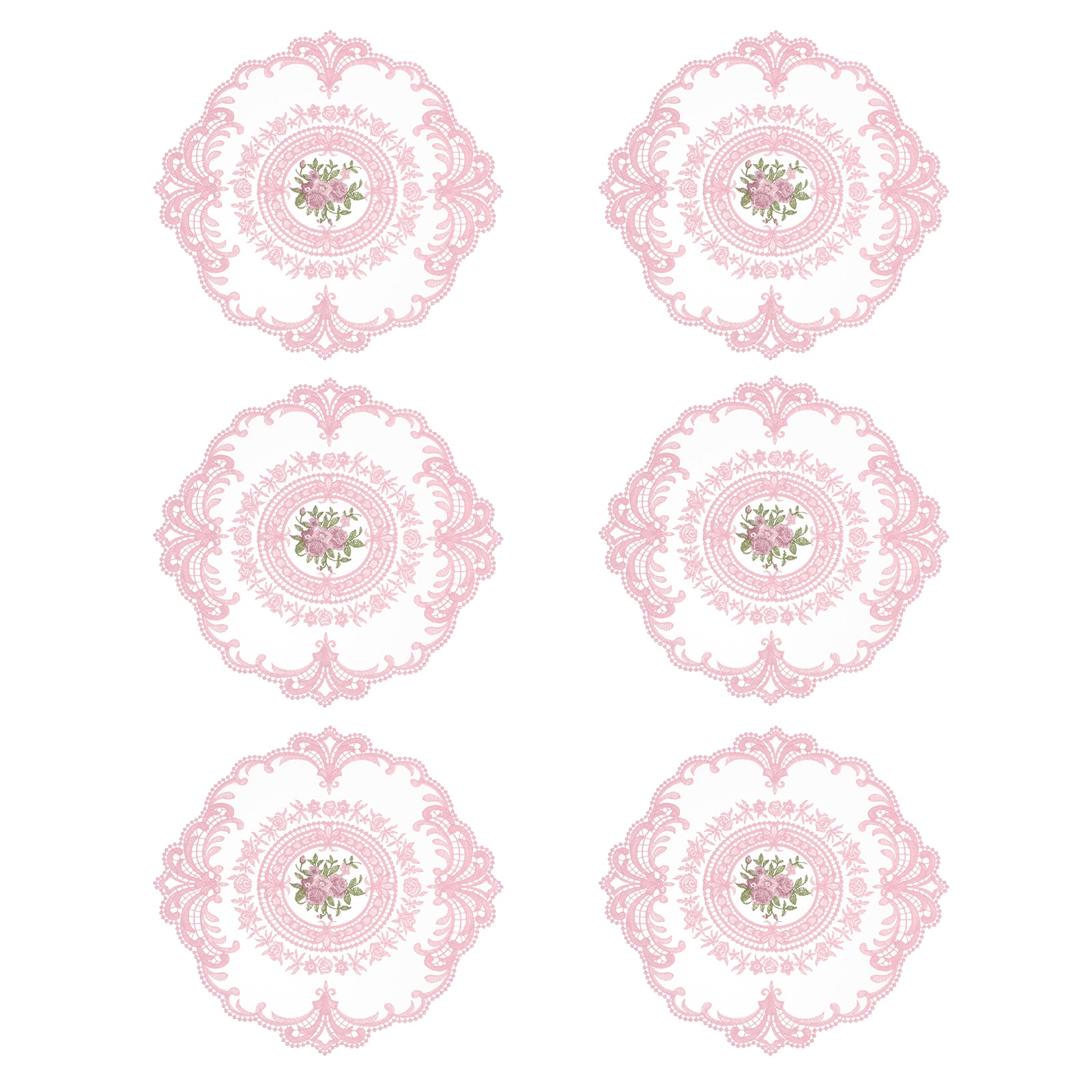 Unique Bargains 6pcs Retro Lace Placemats French Crochet Doilies Round Embroidered Hollow Cup Vase Table Mat for Dining Table Kitchen Party 11.02x11.02Inch Light Pink