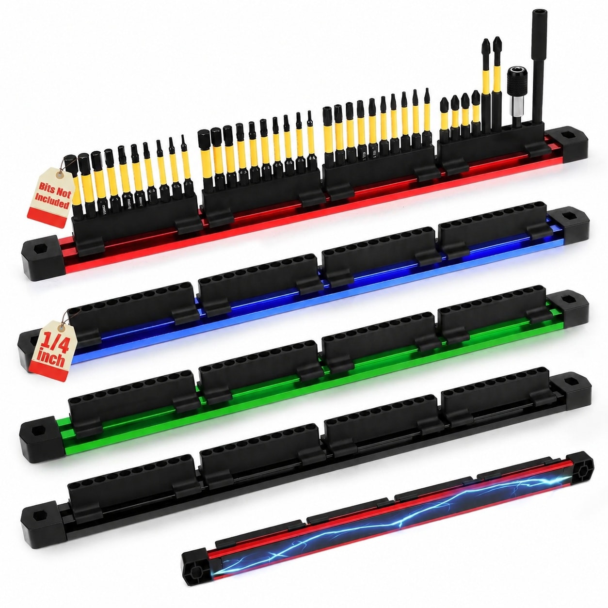 Linder Group Inc Magnetic Slidable Drill Bit Holder 4 pcs Organizer with 160 Slots Strong Magnetic Rail Rubber Coated Base for Screwdriver Bit Storage Open Access