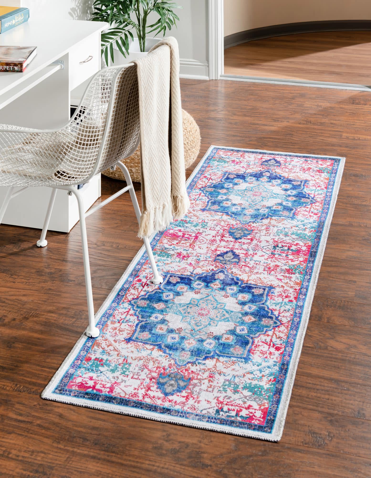 Unique Loom 3166582 Renaissance 2 x 10 (ft) Loomed Polyester Ivory Blue Washable Rectangular Indoor Medallion Runner rug
