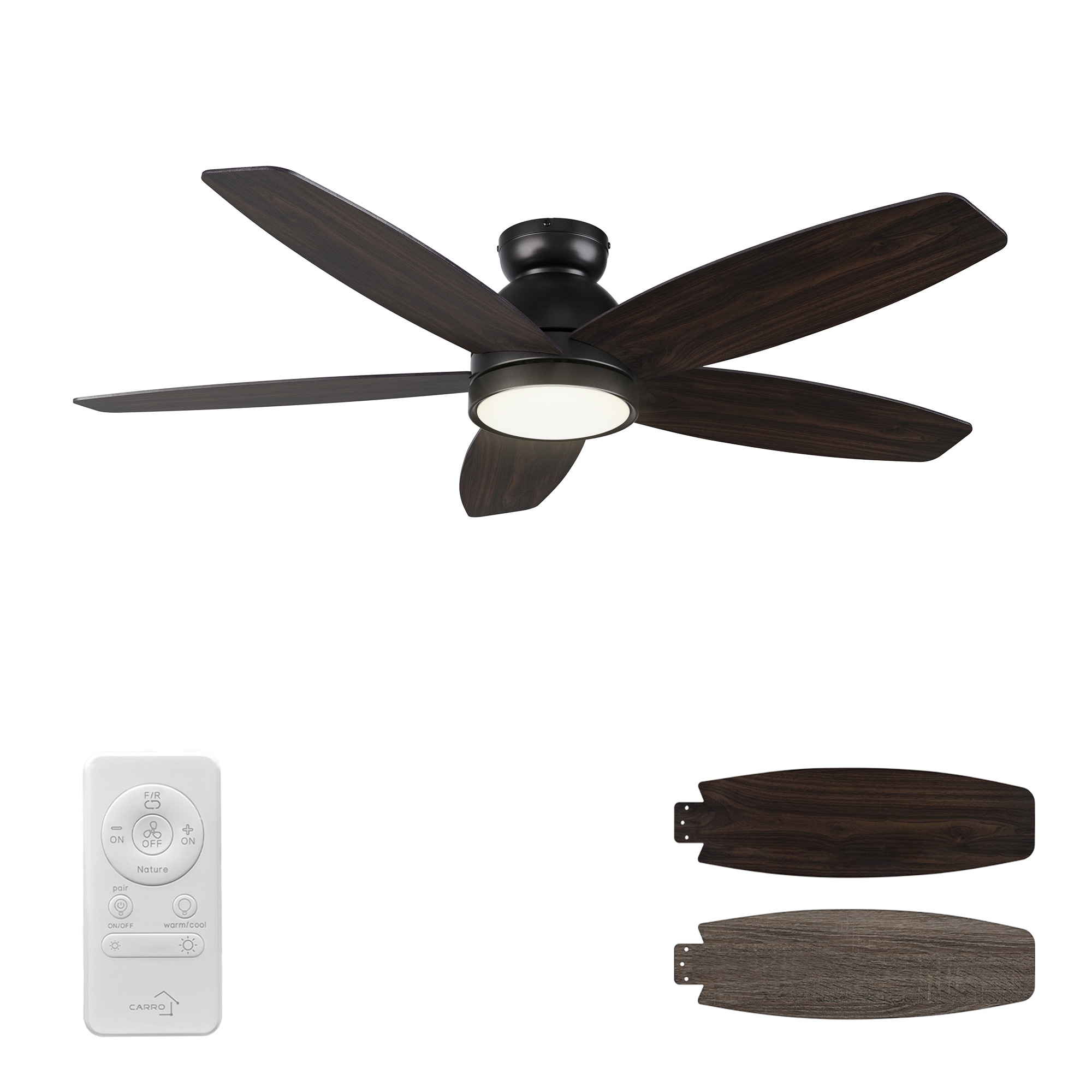 CARRO USA LCFR525Q5-L11-BG-FM Povjeta 52-in Integrated LED Flush Mount Black with Wooden/Walnut Blades Ceiling Fan With Light - Remote Included ( 5 -Blade )