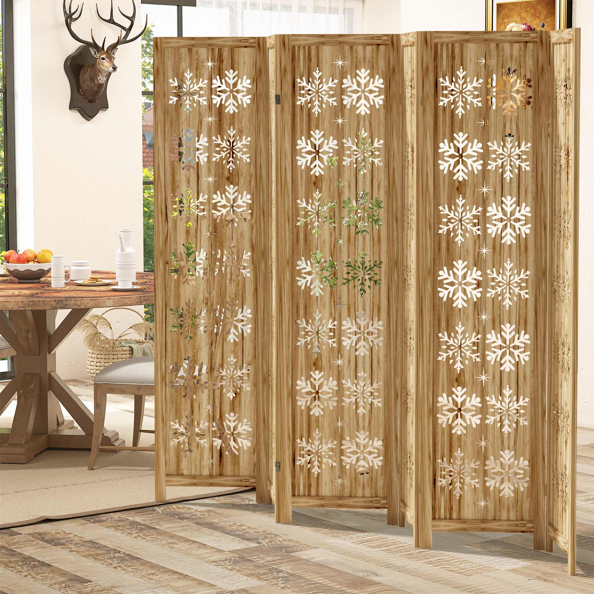 Misty Moon LW0406-SYJPF-94 Room Divider Wood Screen with Snowflake Pattern and Original Charcoal Finish  6 Panel Folding (95 x 67 inches) Intricate Hand Carved Decorative Functional Versatile Portable Partition Reversible Freestanding Privacy