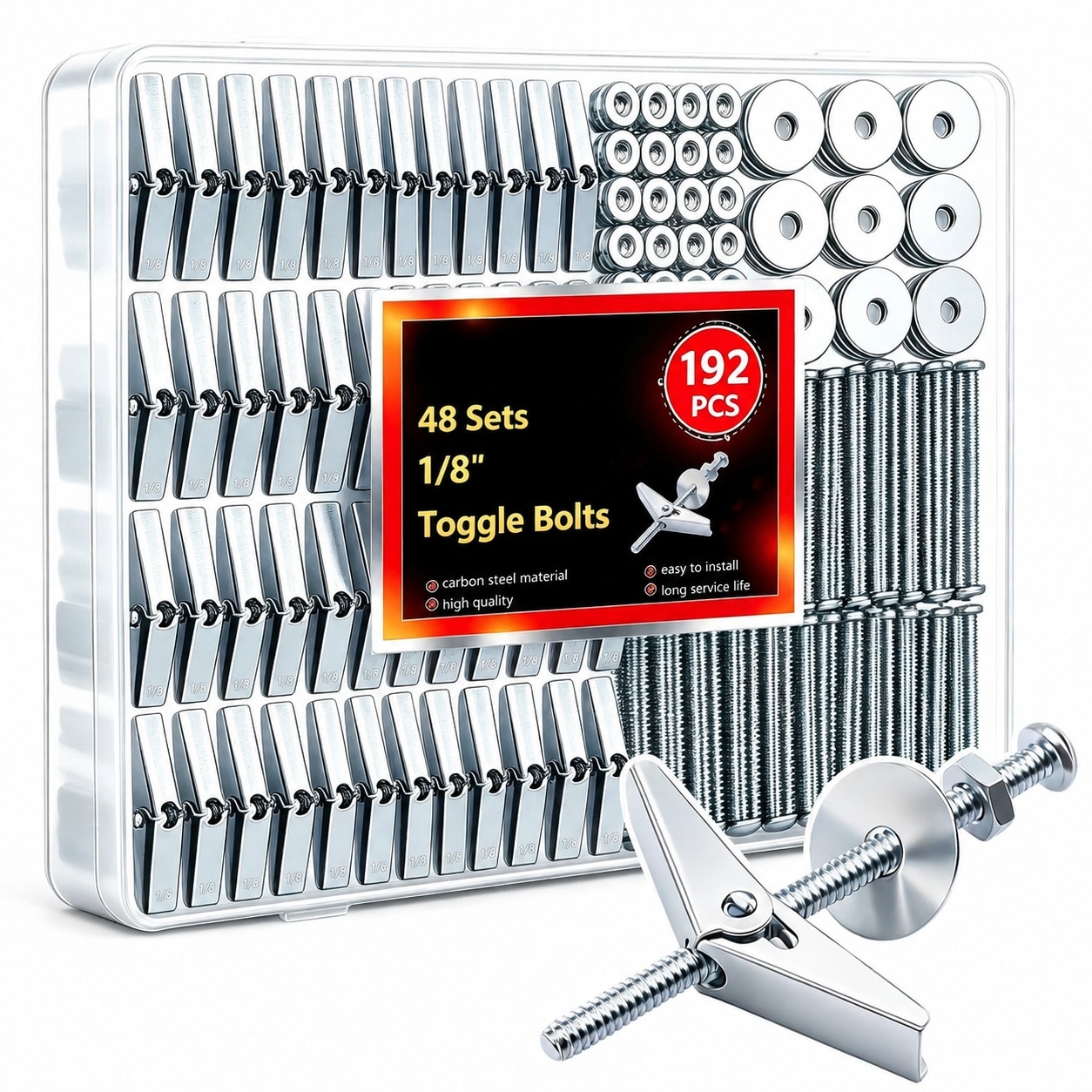 DYRCJ  192Pcs 1/8 Inch Toggle Bolts Heavy Duty Drywall Anchors Screws Kit with Nuts Washers for Hollow Wall and Ceiling Use