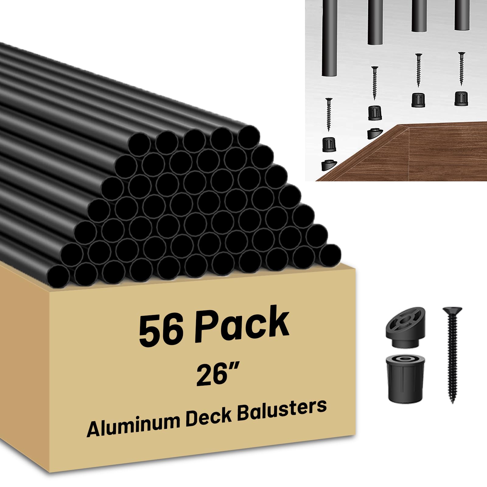 Afoxsos 56 Pack 26 Inch Aluminum Balusters Black Round Metal Spindles for Deck Railing Staircase Porch Balcony Includes Connectors Screws Easy