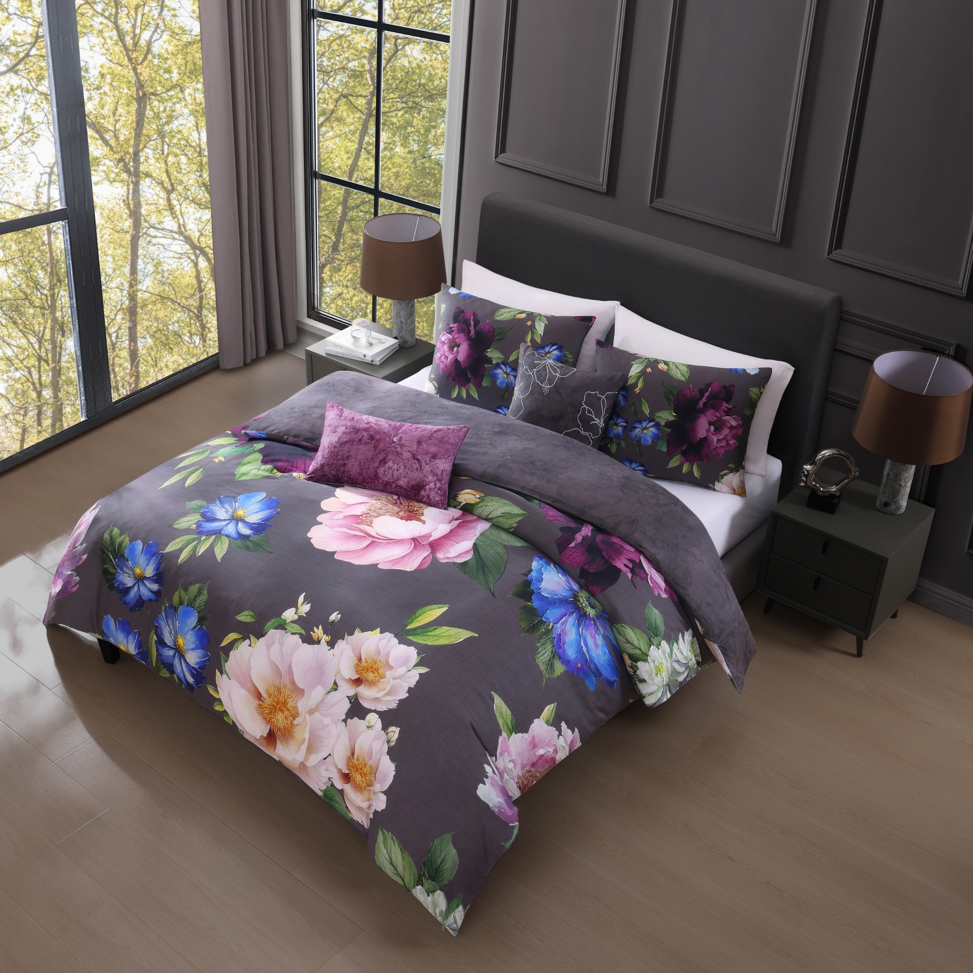 Elegant Blossoms Gray Cotton Queen Reversible Comforter Set