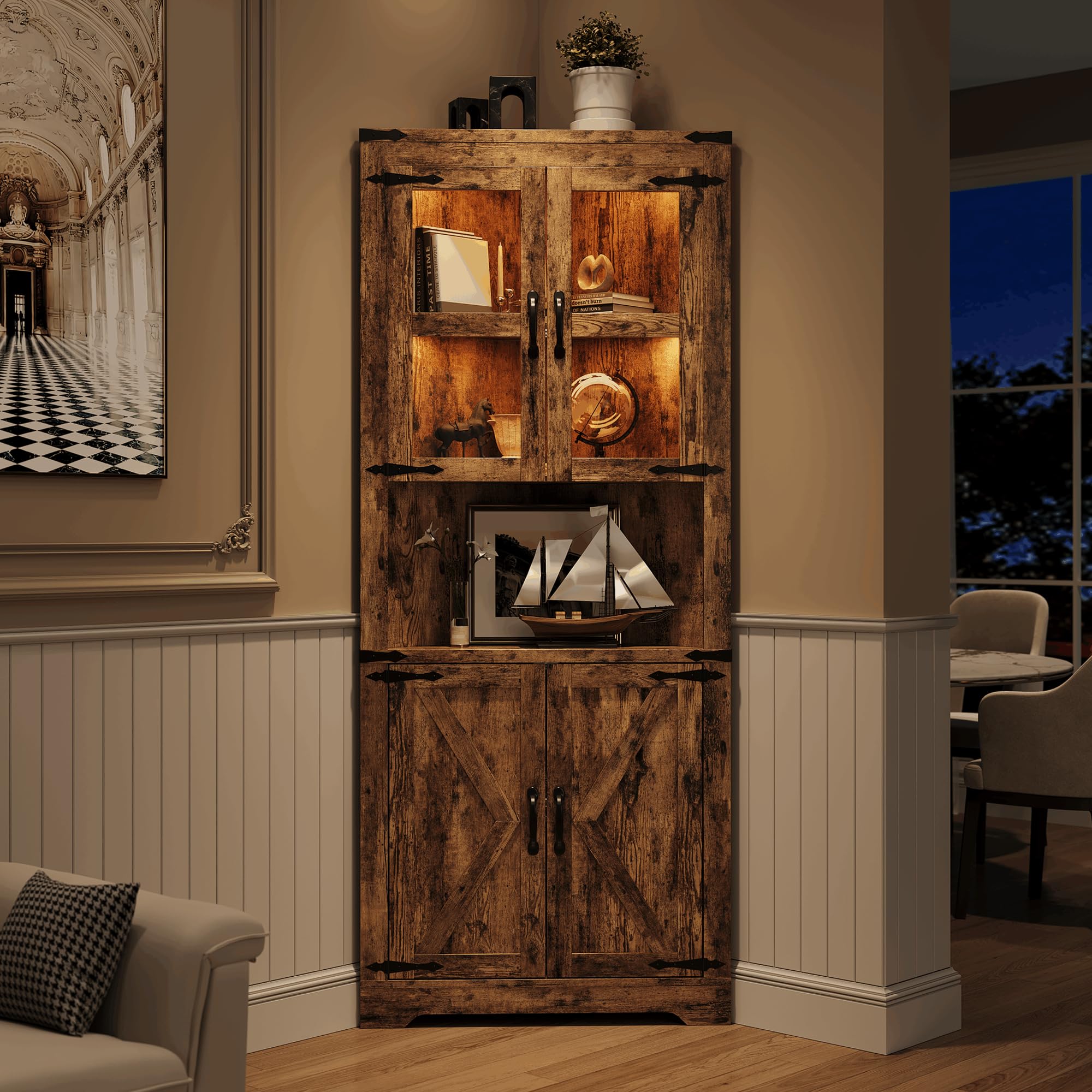 GarveeLife 67-in Tall Farmhouse Corner Cabinet with LED Lights Glass Doors and Adjustable Shelves