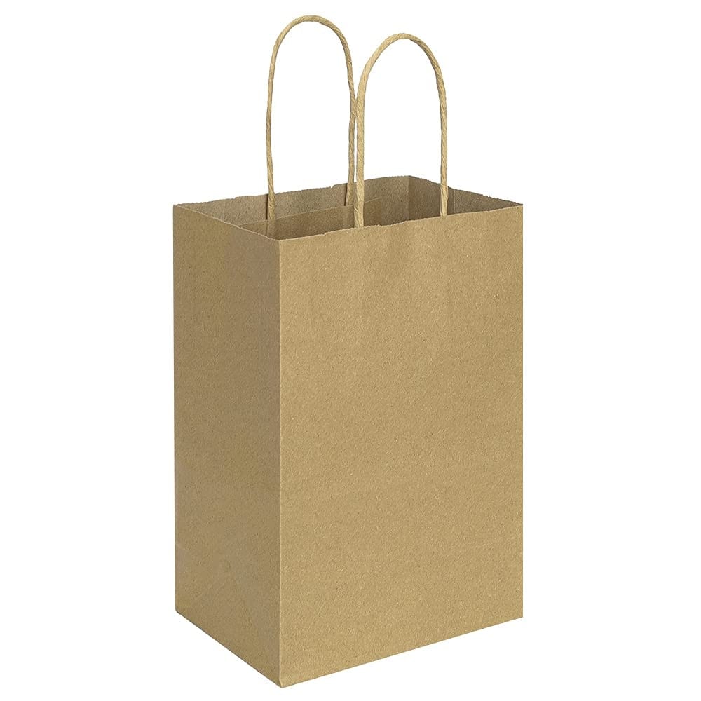 Afoxsos 100 pack small brown kraft paper bags with handles 5 pound capacity 5 point 25 x 3 point 25 x 8 inch eco friendly recyclable plain #L05AF10012