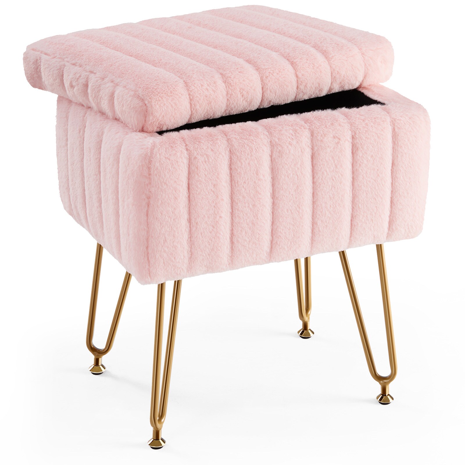 OOU Vanity Stool Chair with Storage Ottoman Faux Fur Soft Padded Makeup Footstools Seat with 4 Metal Legs  Adjustable Feet Modern Pink