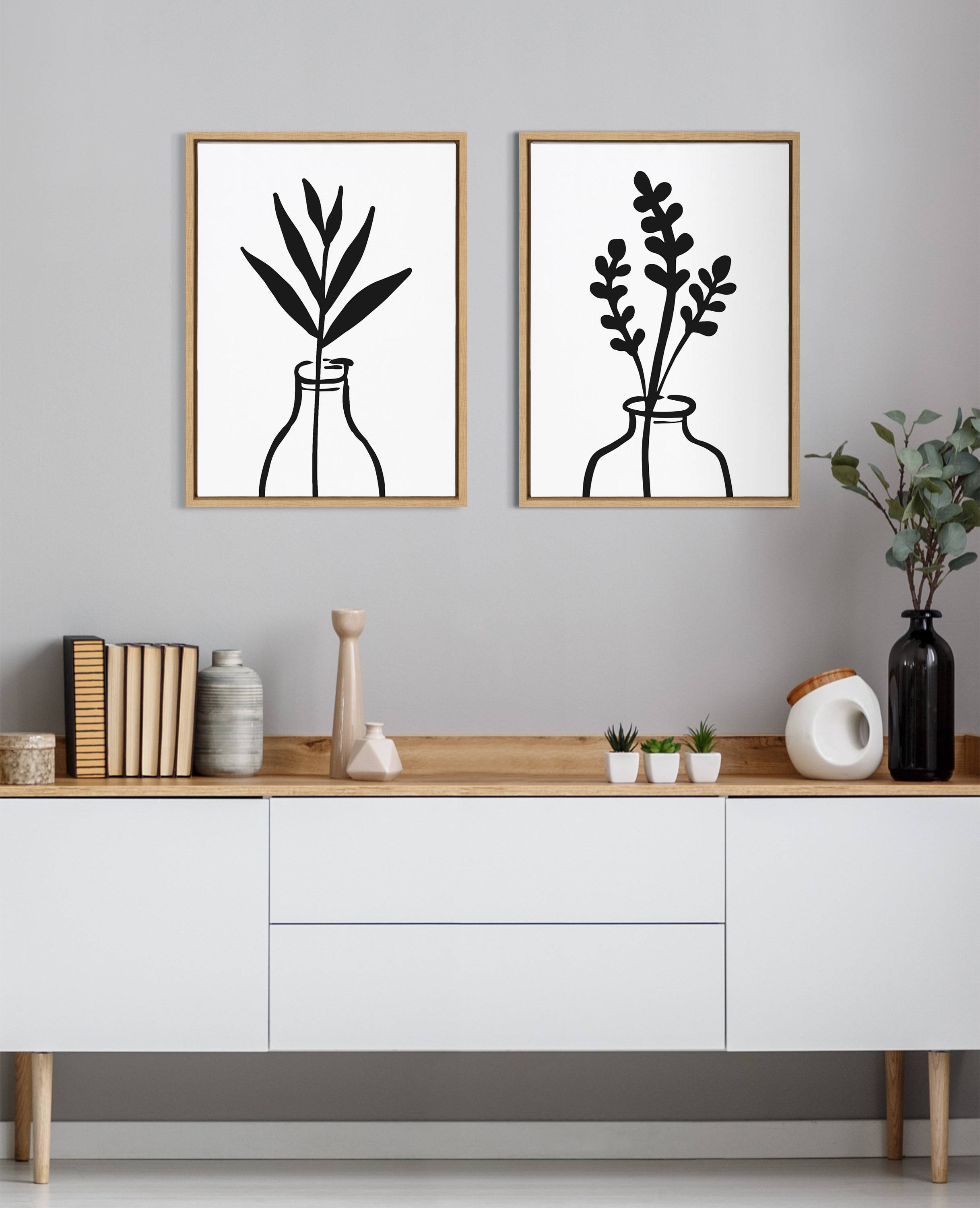 Modern Botanical Black and White Canvas Print Set with Natural Frames