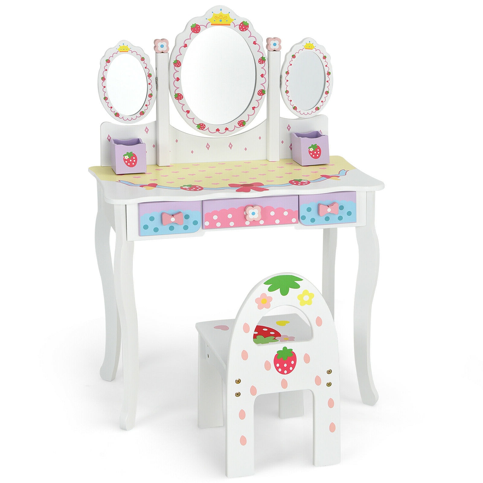 Slickblue D-CO-HW76486WH 27.5 in Pink/White Makeup Vanity with 360° Tri-Fold Mirror and Storage Drawers for Kids Bedroom