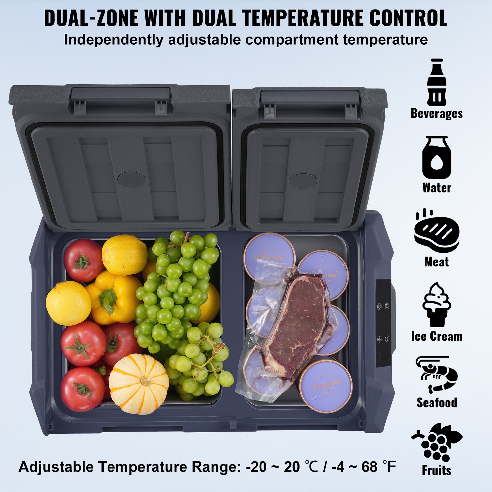 Vorene 25L Dual-Zone Car Fridge -4-68F 12-24V DC 100-240V AC Camping RV ...