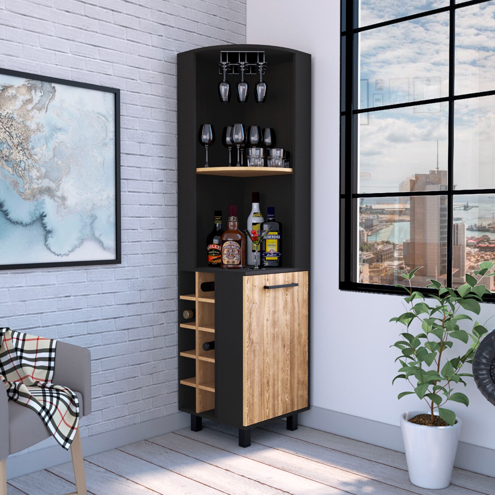 CHITA Modern Corner Bar Cabinet with 1 Door 2 Shelves 10 Bottle Wine Rack for Dining Room Kitchen and Home Entertaining Black And Pine