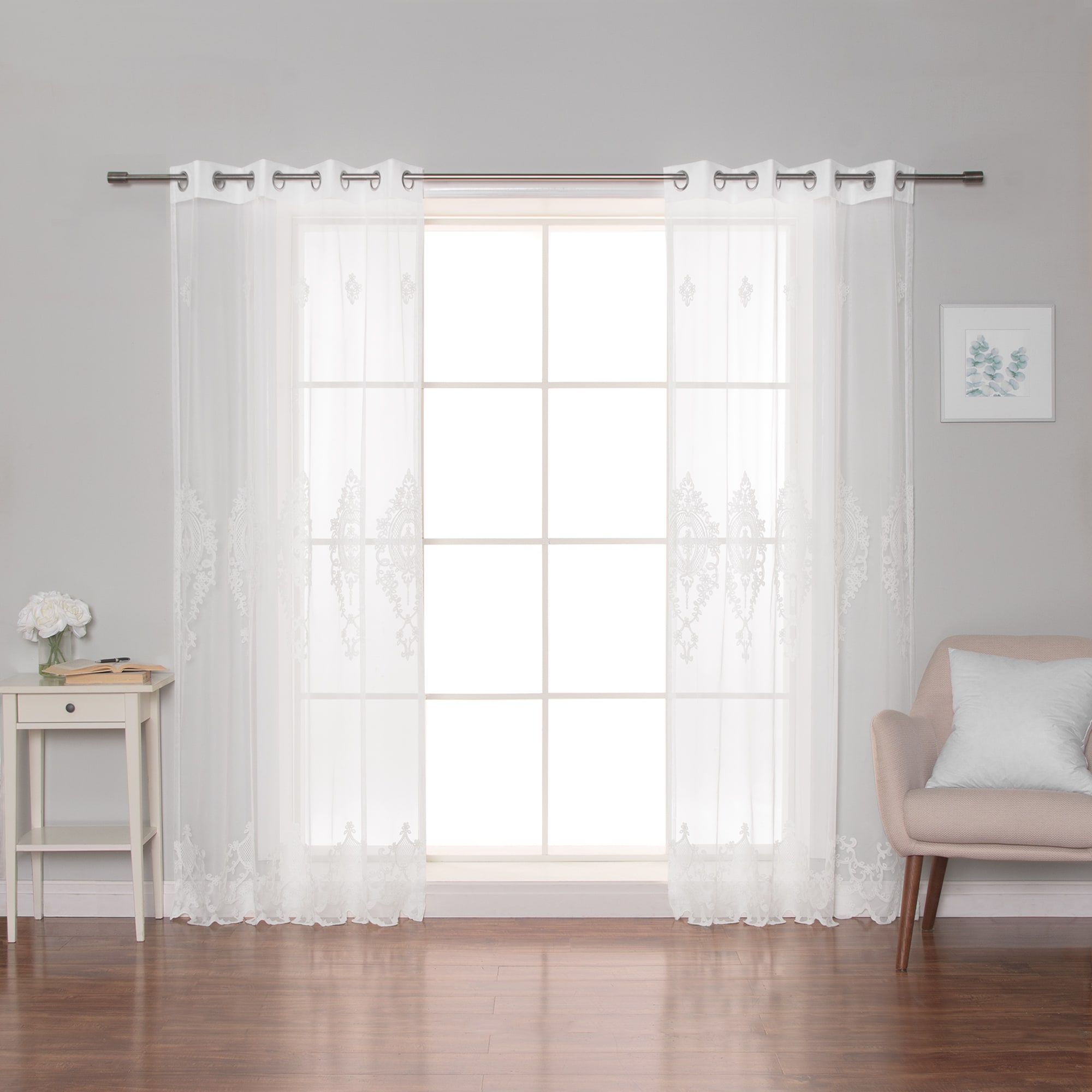 Best Home Fashion GROM-DAMASK-96-WHITE 96-in White Sheer Grommet Curtain panel pair