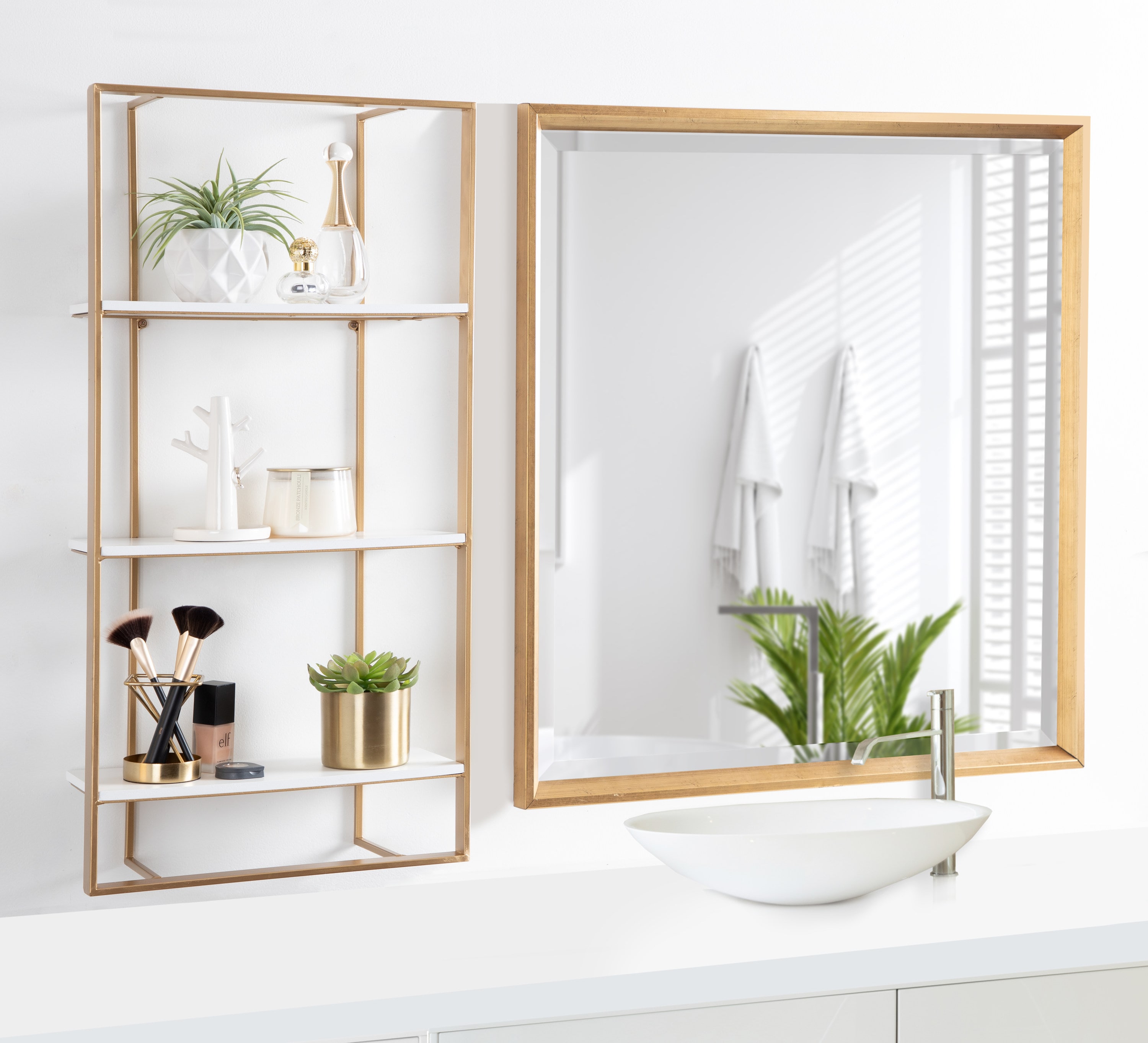 White and Gold Floating Wood Wall Shelf, 32 Inch