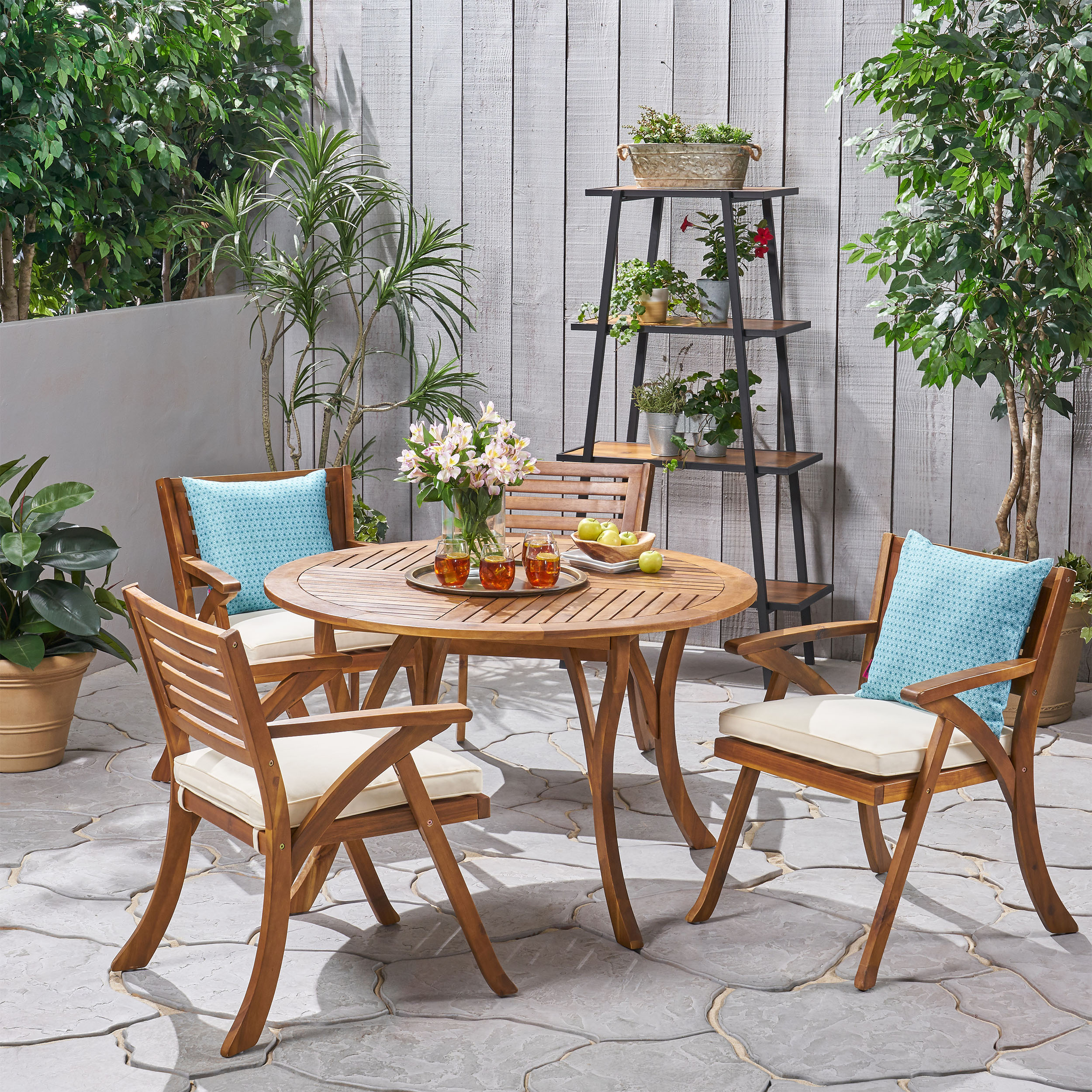 Christopher Knight Home 309953 Hermosa Outdoor 4 Seater Acacia Wood Circular Dining Set with Cushions Teak and Cream