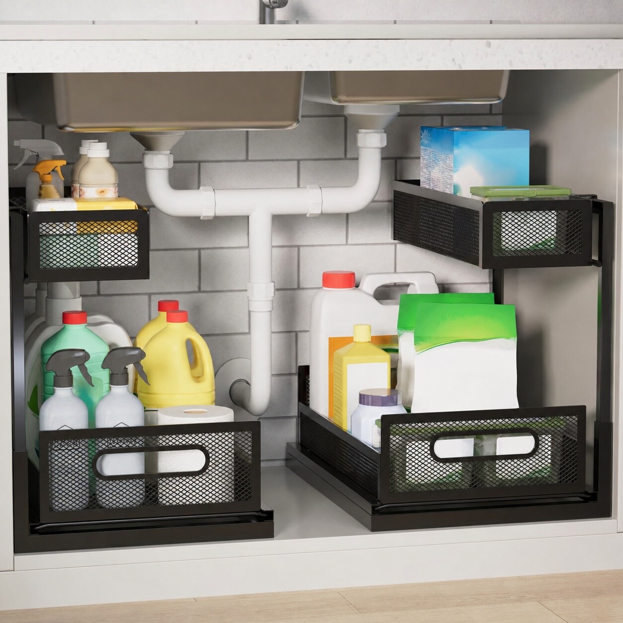 UUDULY  Under Sink Organizer 2 Tier Pull Out Cabinet Shelf L Shaped Slide Out Drawer for Kitchen Bathroom Pantry Easy Install Steel Storage Black