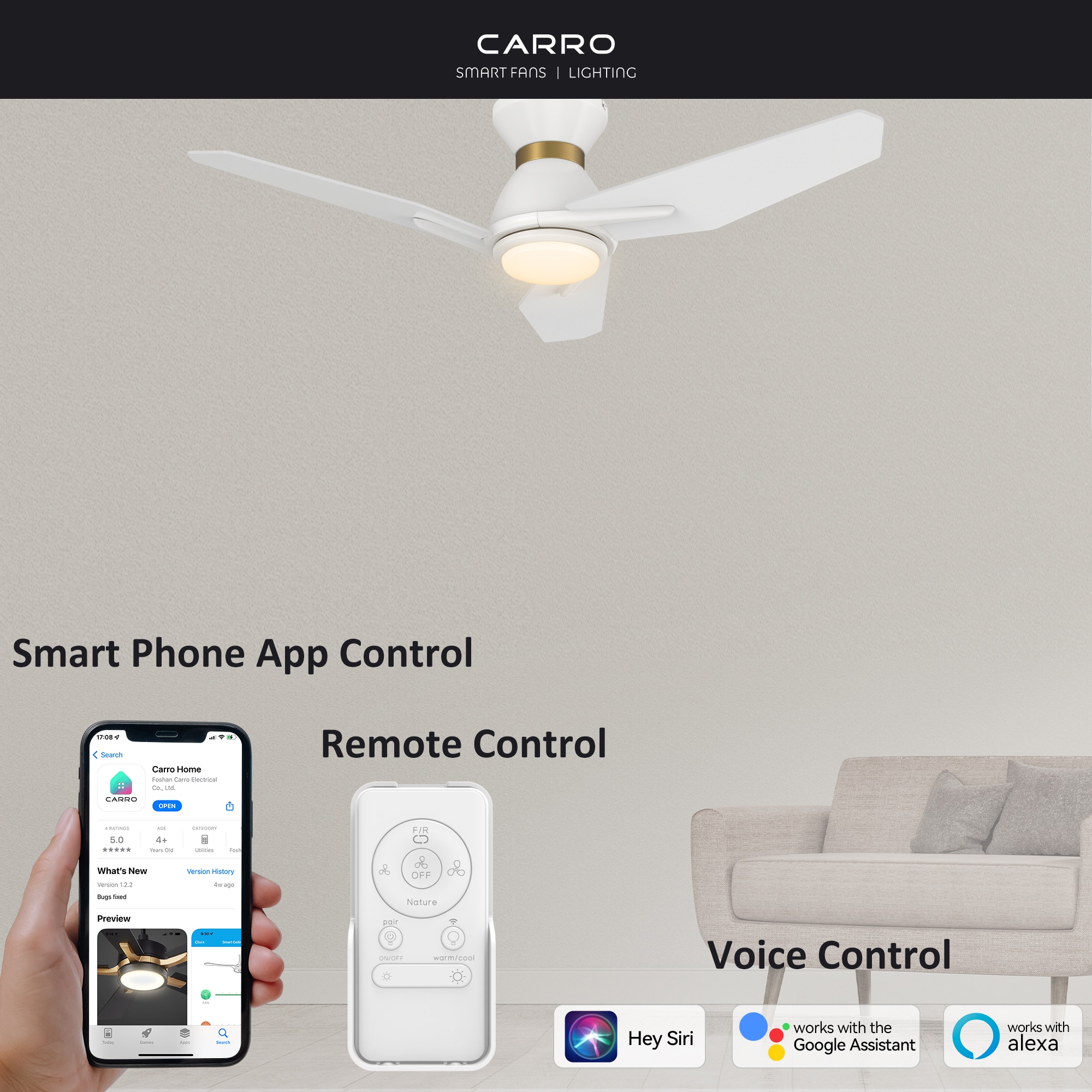 CARRO USA Tilbury 48-in White Indoor/Outdoor Flush Mount Smart Ceiling Fan with Light and Remote (3-Blade) LS483J3-L11-W1-1-FMA Sansujyuku sansujyuku.com