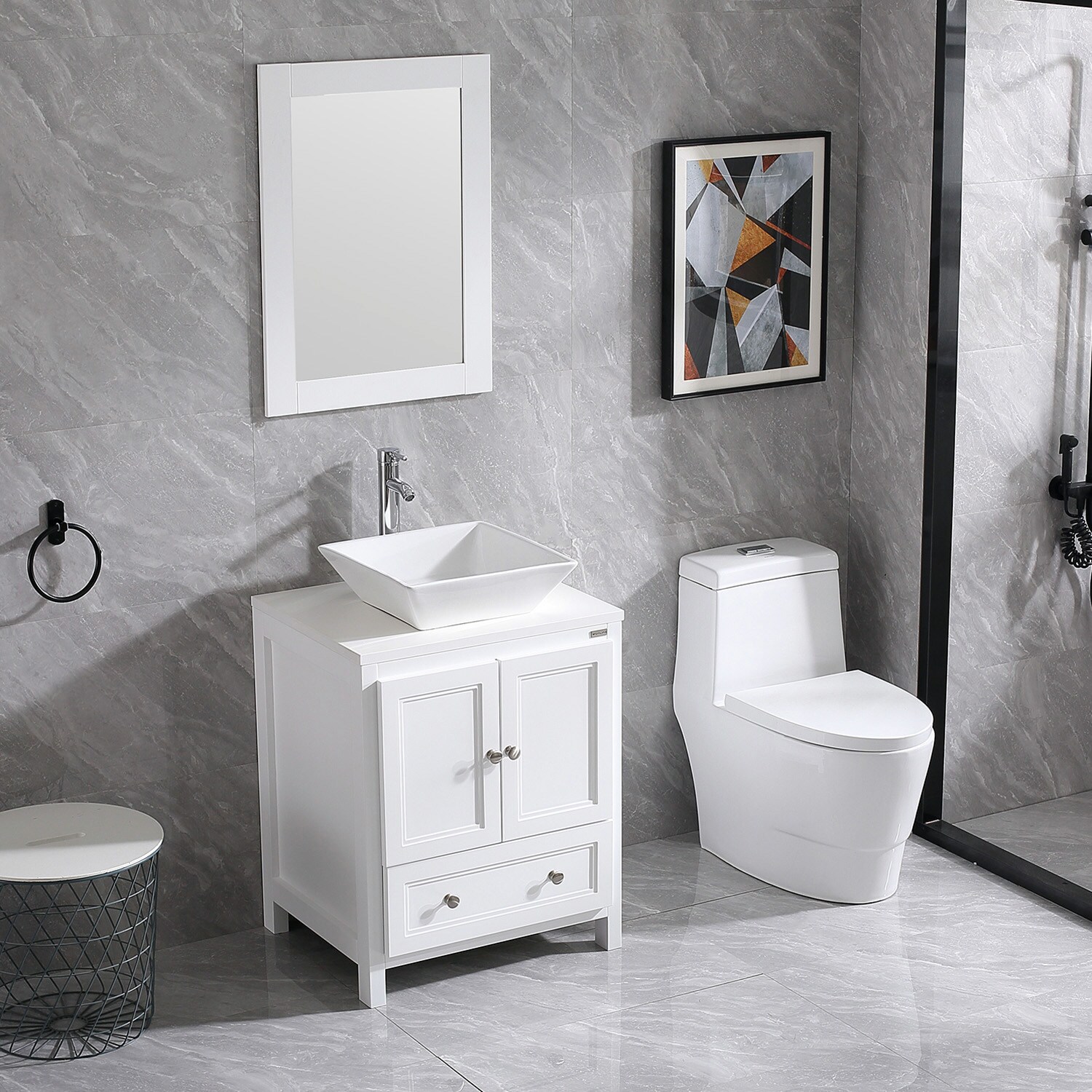 24-Inch White MDF Bathroom Vanity with Ceramic Sink and Mirror