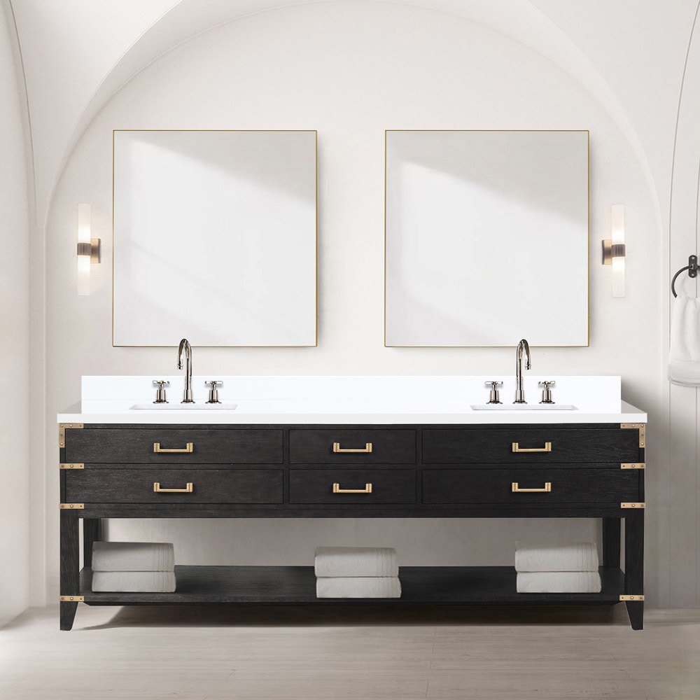 Lexora LVGR84DJ311 Greenberg 84-in Black Oak Undermount Double Sink Bathroom Vanity with White Cultured Marble Top (Mirror and Faucet Included)