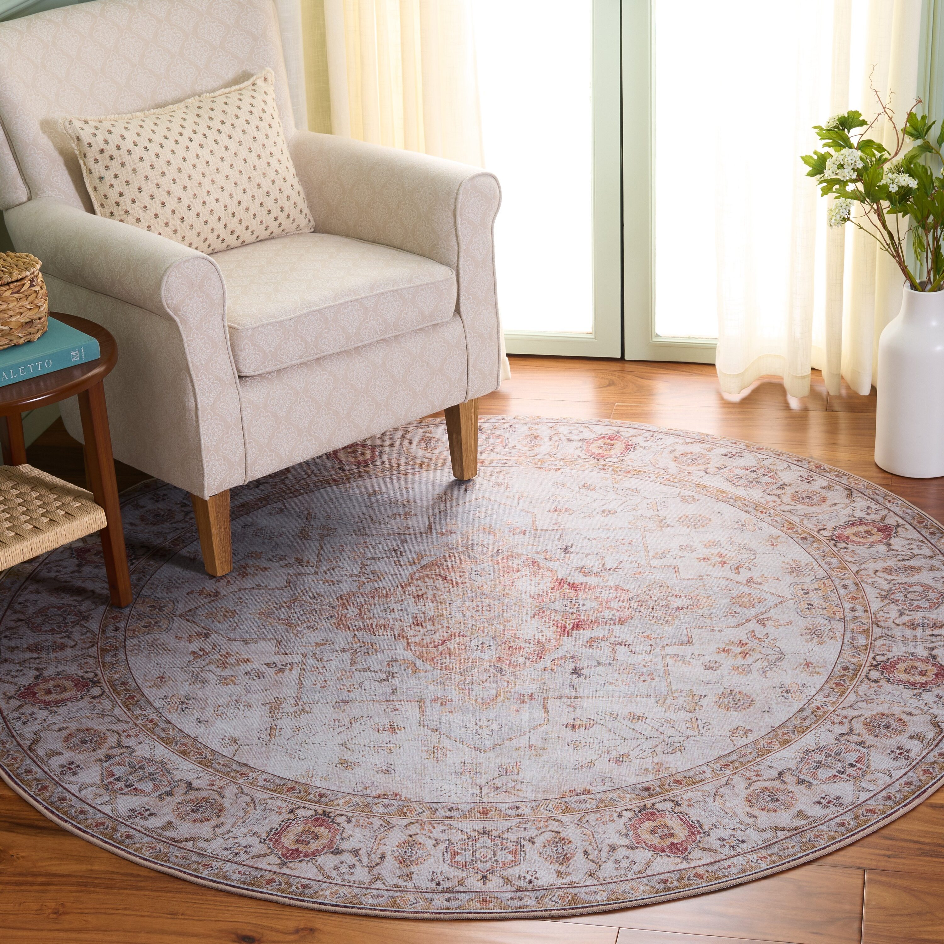 Tucson Vintage Persian 105F Light Grey Rust Machine Washable/Slip Resistant 6ft x 6ft Traditional Rug