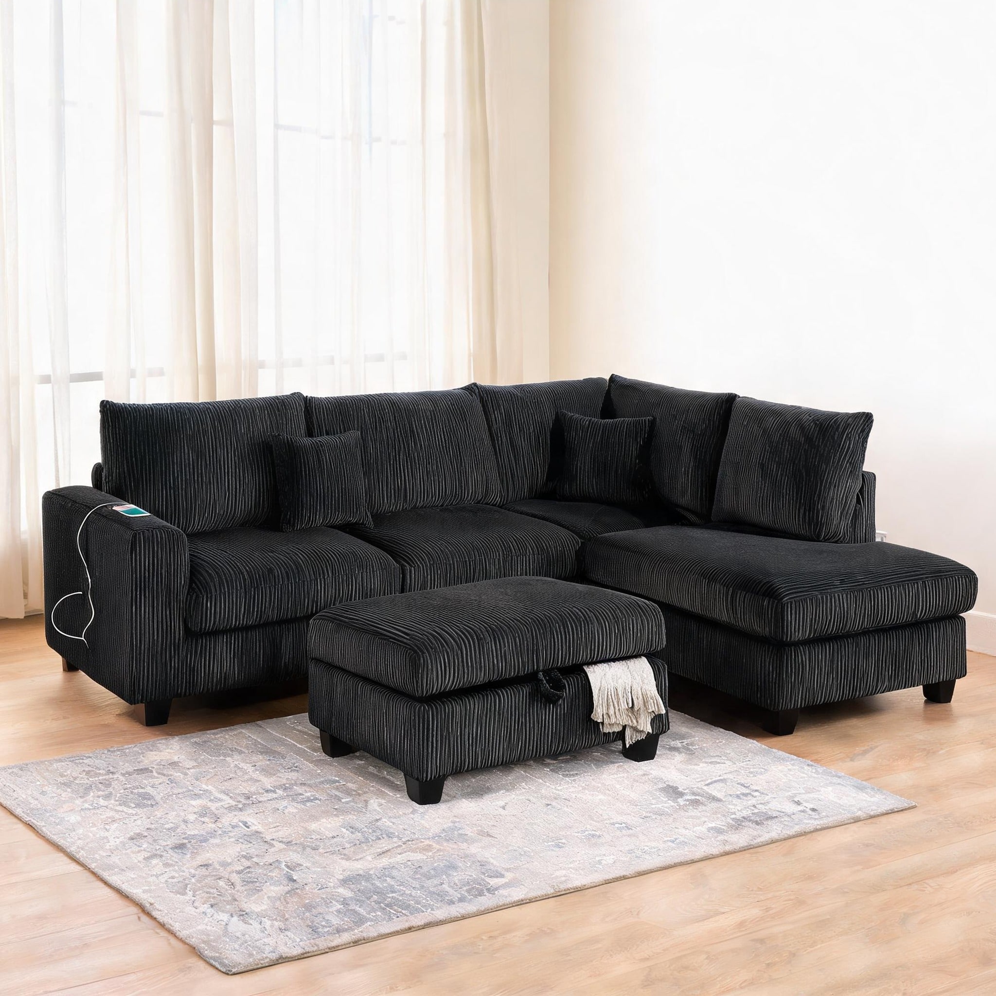 SunJet 3-Piece Modern L-Shape Sectional Set with USB Port Deep Black ...