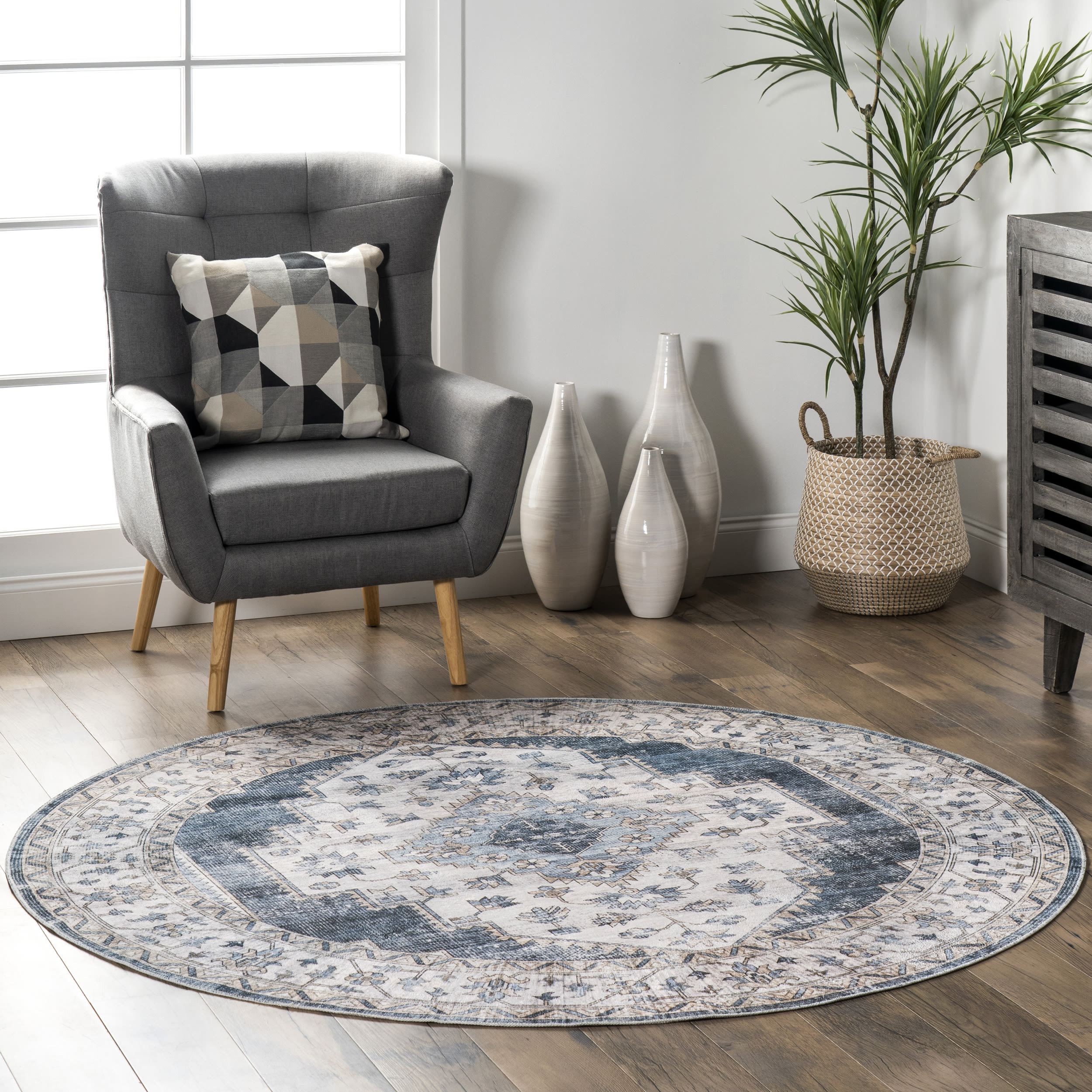 nuLOOM BIRV33B-R606 Dania 6 x 6 (ft) Loomed Polyester Navy Round Indoor Medallion Vintage Machine washable Area rug