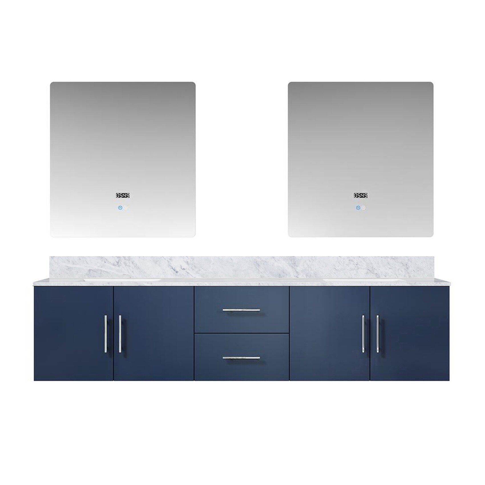 Lexora LG192280DEDSLM30 Geneva 80-in Navy Blue Undermount Double Sink Floating Bathroom Vanity with White Carrara Marble Top (Mirror Included)
