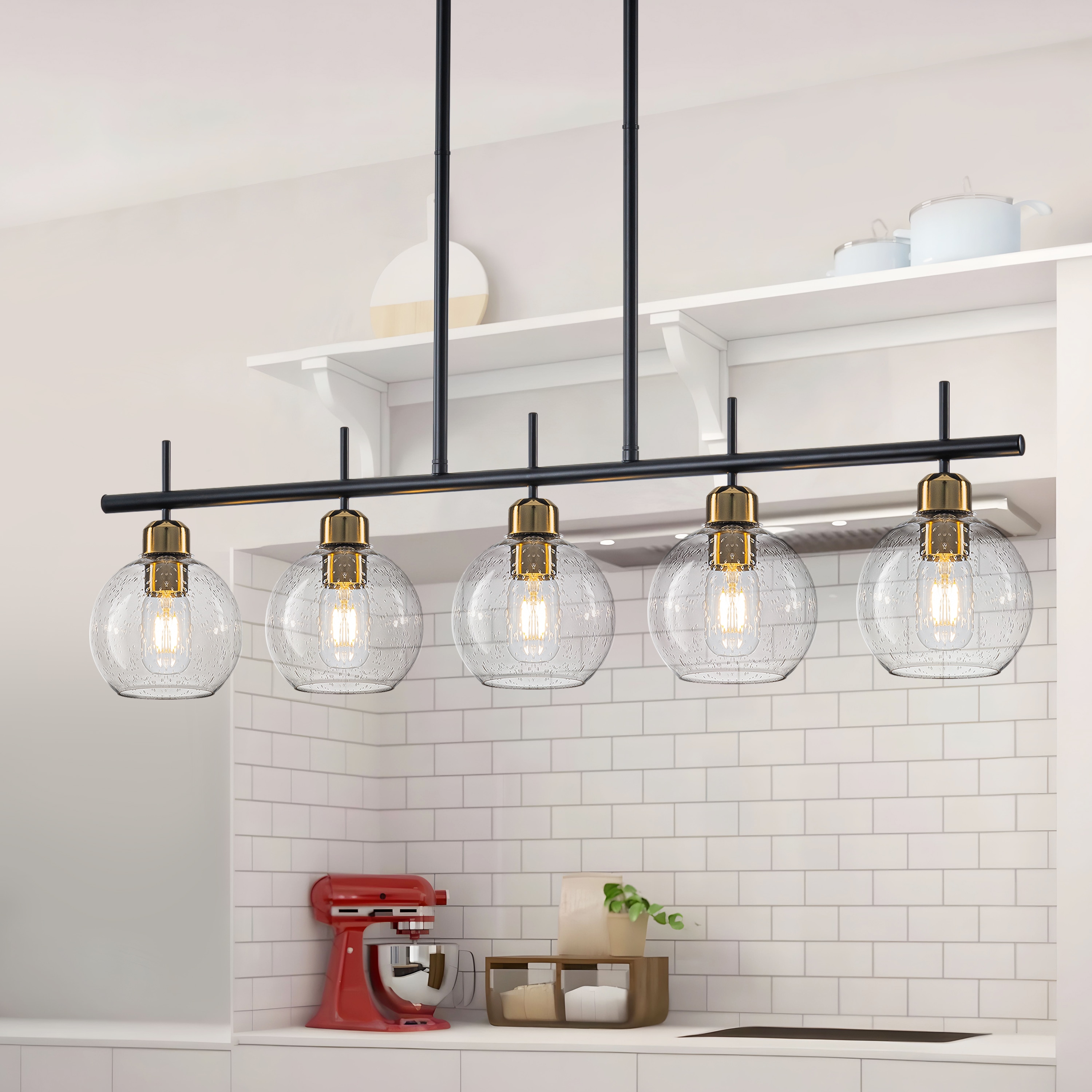 GoYeel ZP139BG05QB 5 -Light Black Gold Modern/contemporary Seeded glass Linear Hanging Kitchen island light